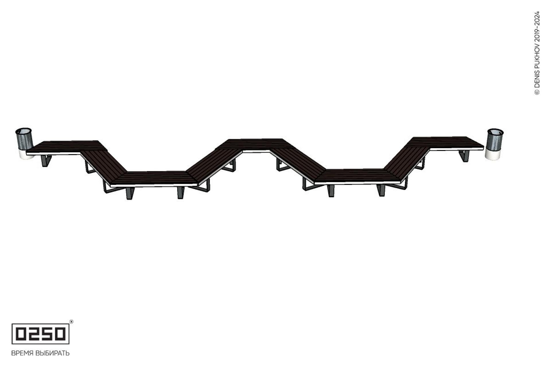 Уличная M-образная трапецеидальная короткая скамейка на ножках с двумя урнами Урбан 2 производство 0250