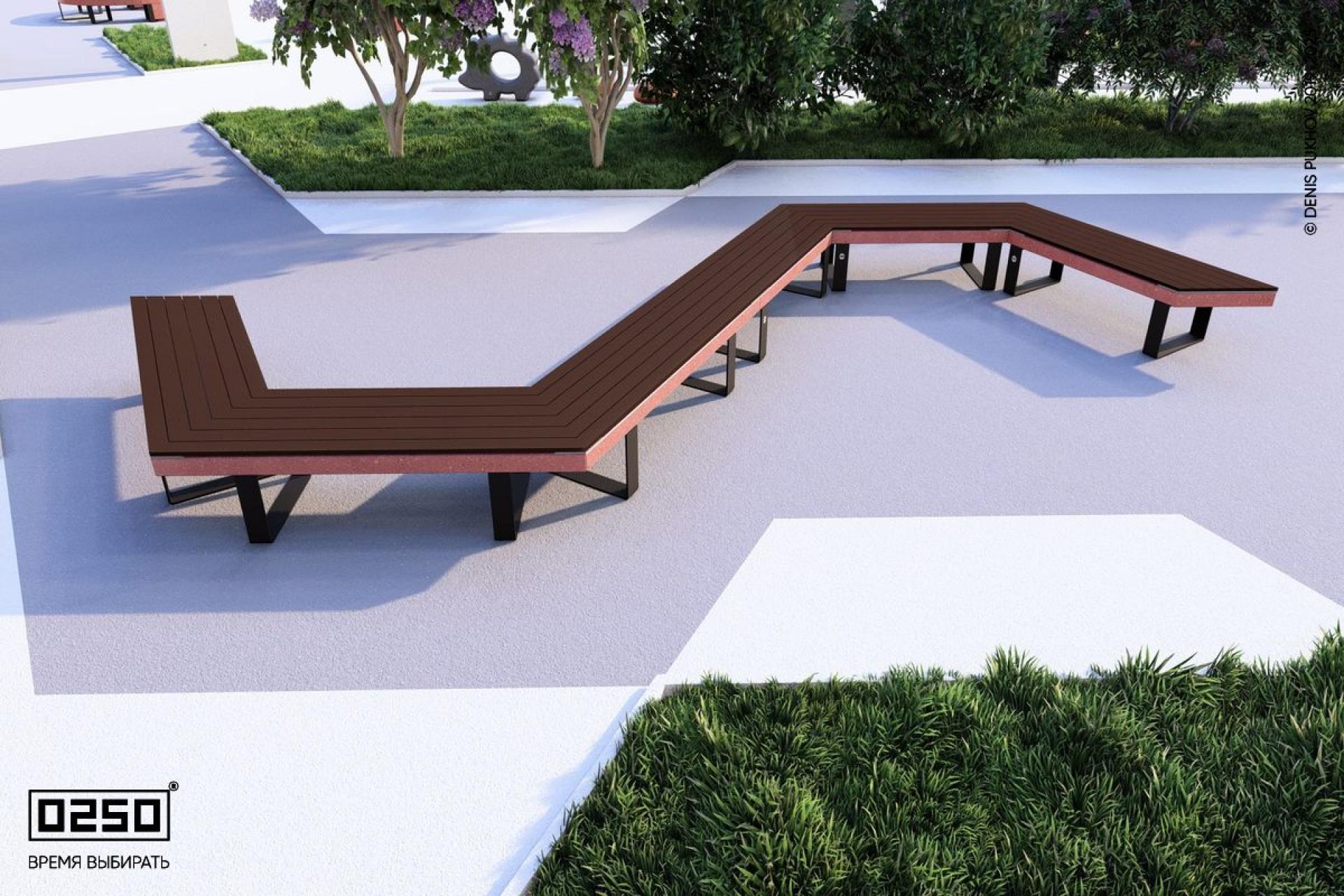 "Красный марс" название цвета ультрабетона s-образной трапецеидальной широкой скамейки на ножках Визуализация модульная шировкая трапецеидальная модульная скамейка из нескольких блоков красного цвета