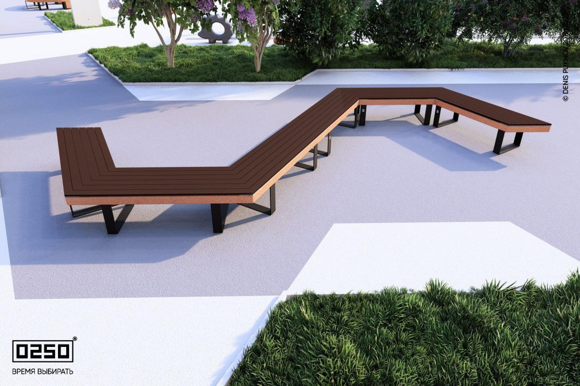 "Рыжий кортен" название цвета ультрабетона s-образной трапецеидальной широкой скамейки на ножках Визуализация модульная шировкая трапецеидальная модульная скамейка из нескольких блоков оранжевого цвета