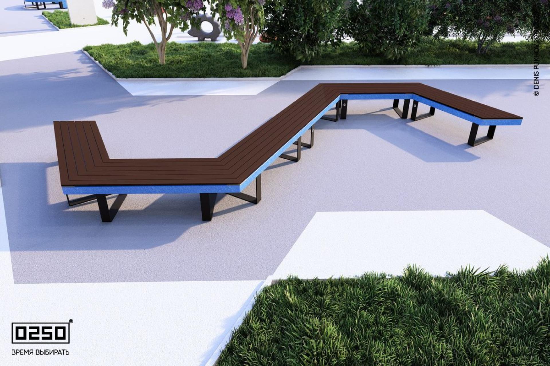 "Небесный лазули" название цвета ультрабетона s-образной трапецеидальной широкой скамейки на ножках Визуализация модульная шировкая трапецеидальная модульная скамейка из нескольких блоков голубого цвета