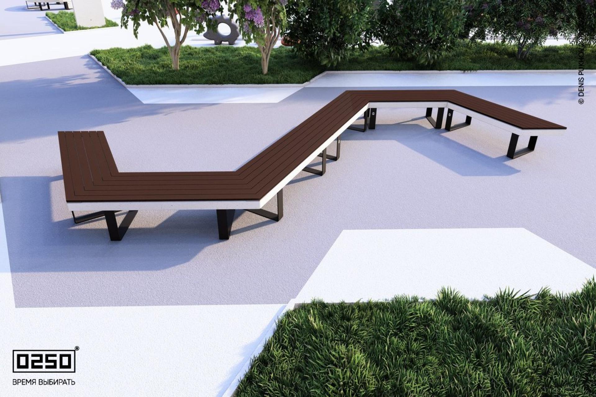 "Белый кварц" название цвета ультрабетона s-образной трапецеидальной широкой скамейки на ножках Визуализация модульная шировкая трапецеидальная модульная скамейка из нескольких блоков белого цвета