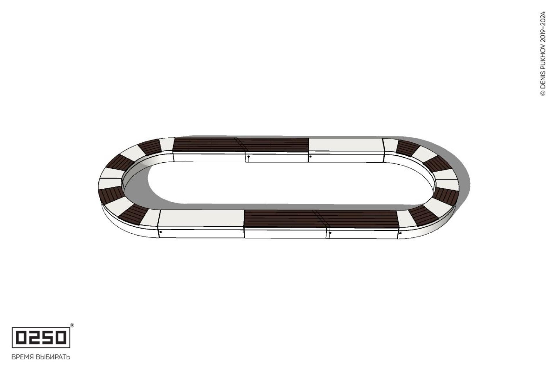 Уличная Округлая трехпролетная скамейка на блоке с комбинированным настилом производство 0250