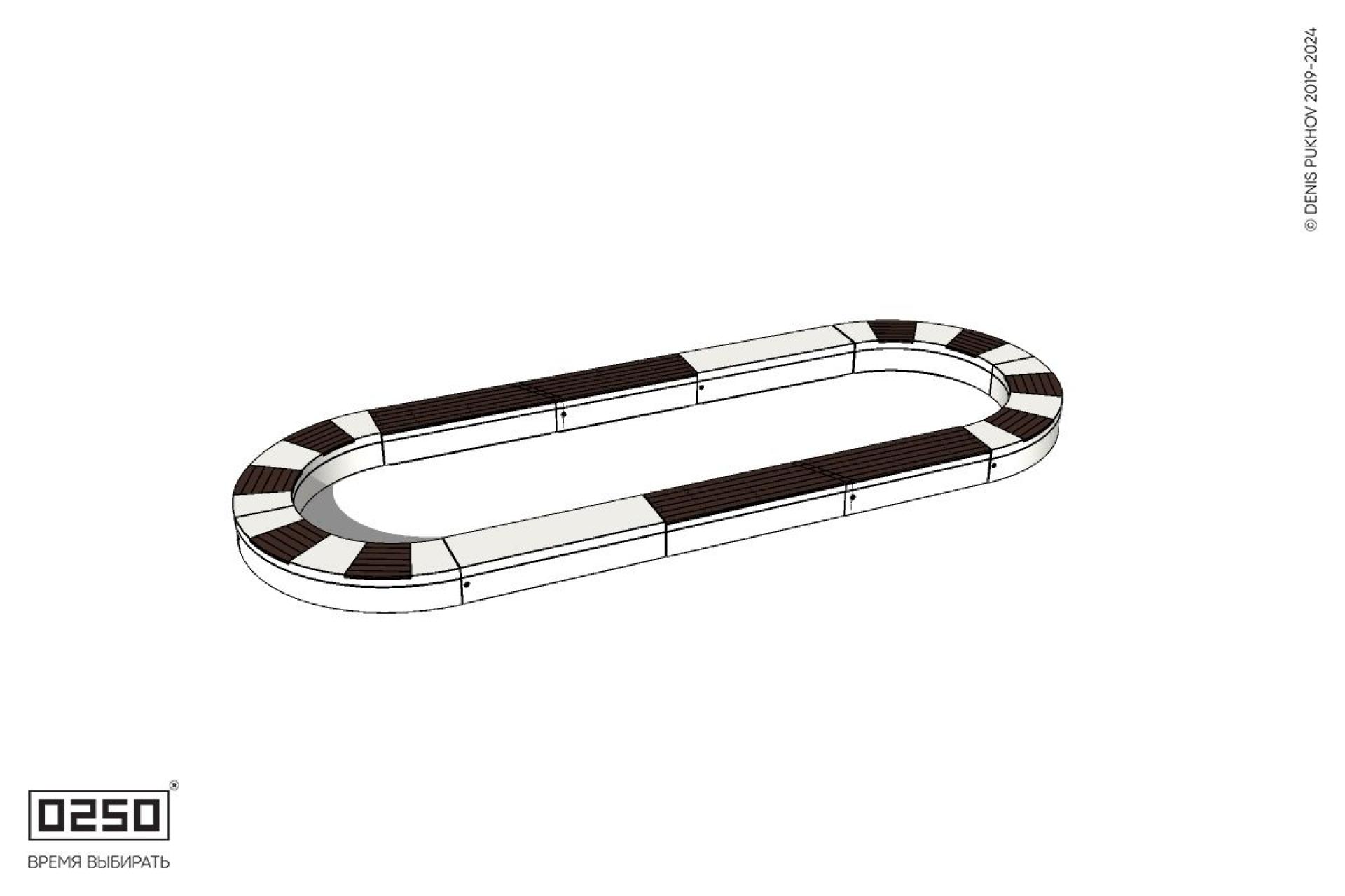 Уличная Округлая трехпролетная скамейка на блоке с комбинированным настилом производство 0250