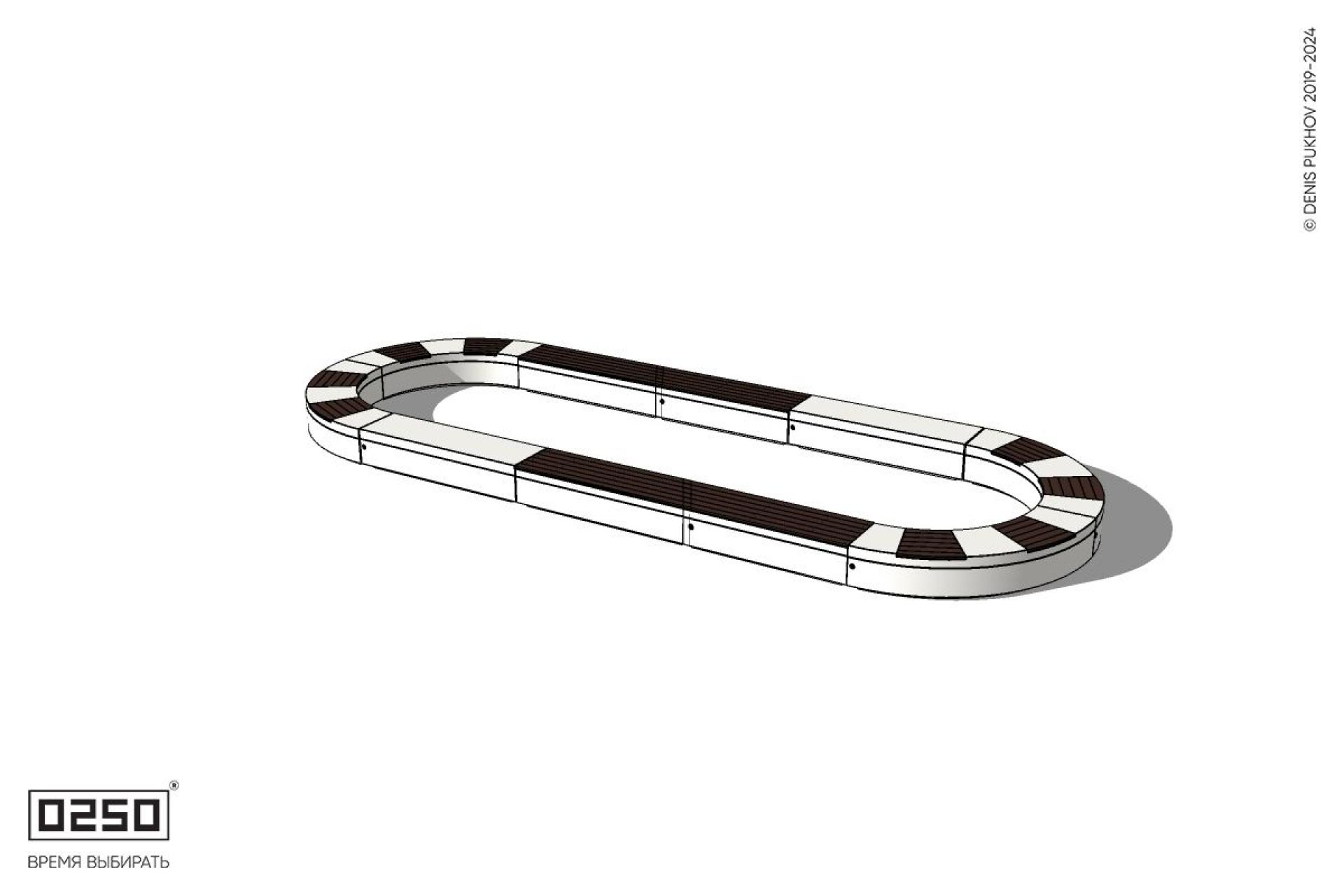 Уличная Округлая трехпролетная скамейка на блоке с комбинированным настилом производство 0250