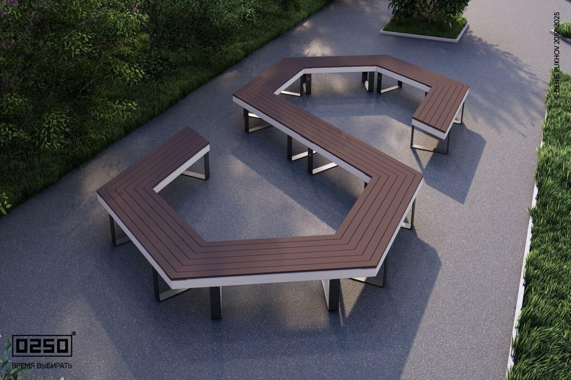 Уличная S-образная гексагональная широкая закрытая скамейка на ножках производство 0250, module