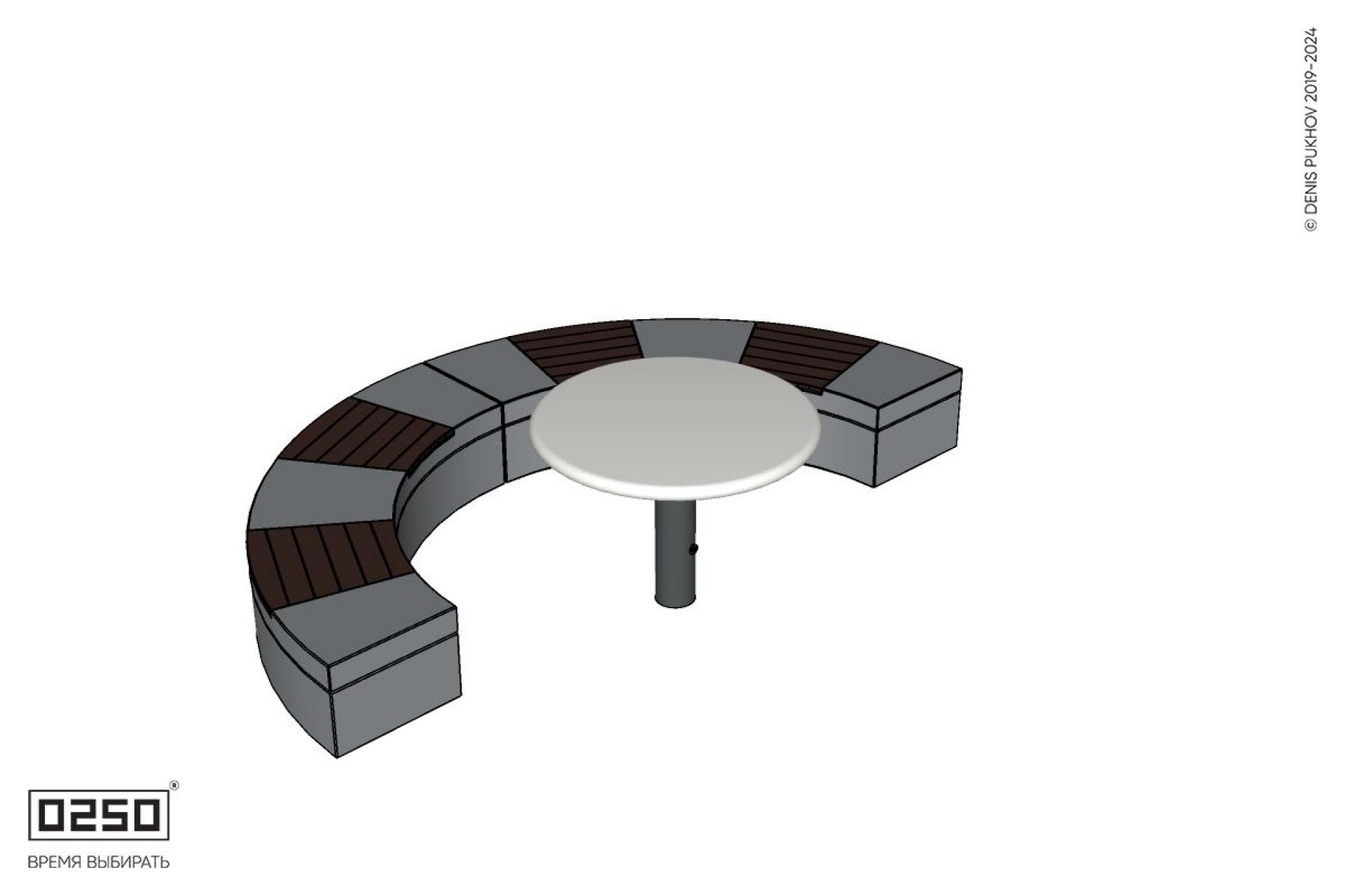 Уличная Скамейка полукольцевая двухпролетная малого радиуса на блоке  со столом Рондо производство 0250