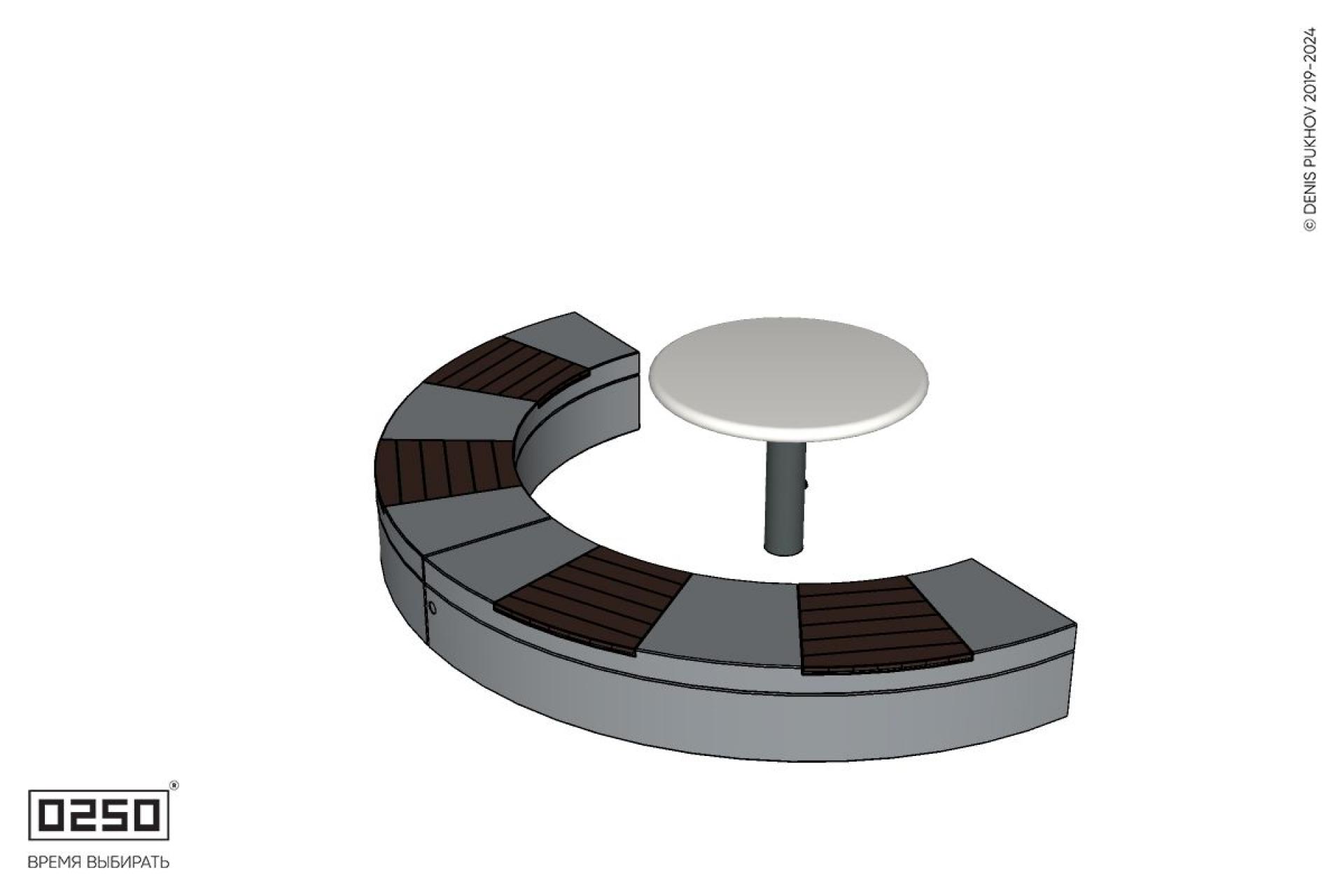 Уличная Скамейка полукольцевая двухпролетная малого радиуса на блоке  со столом Рондо производство 0250