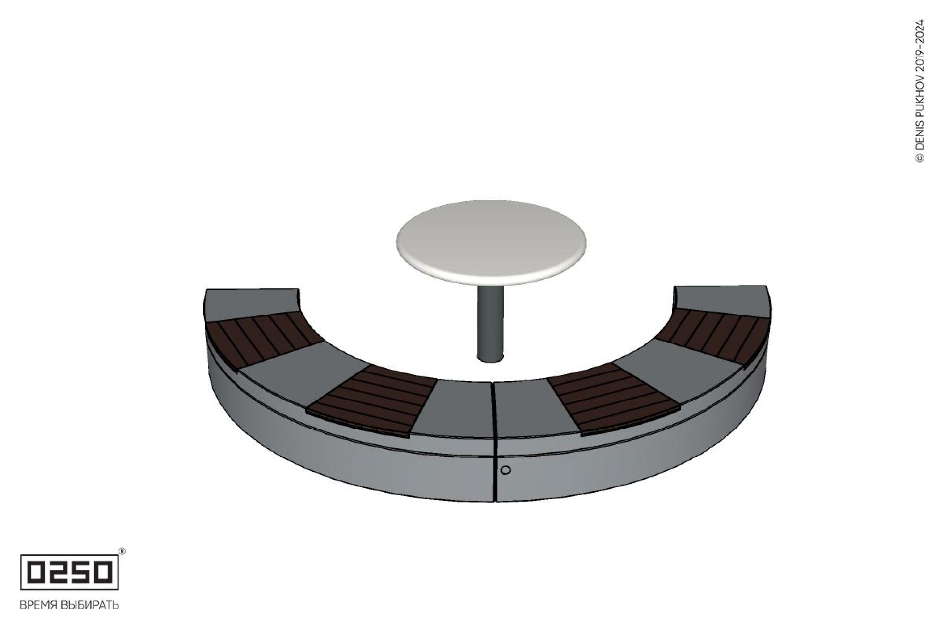 Уличная Скамейка полукольцевая двухпролетная малого радиуса на блоке  со столом Рондо производство 0250