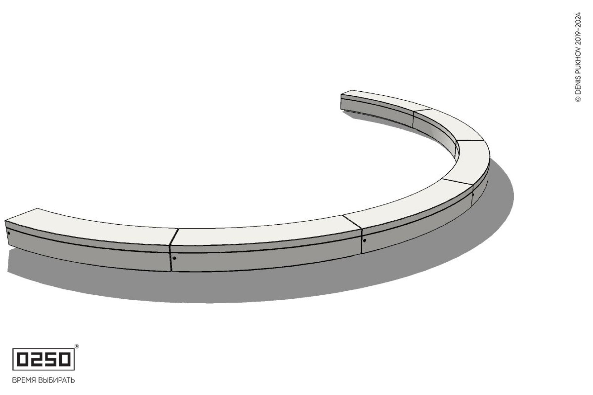Уличная Бетонная полукольцевая скамейка двухпролетная большого радиуса на блоке производство 0250