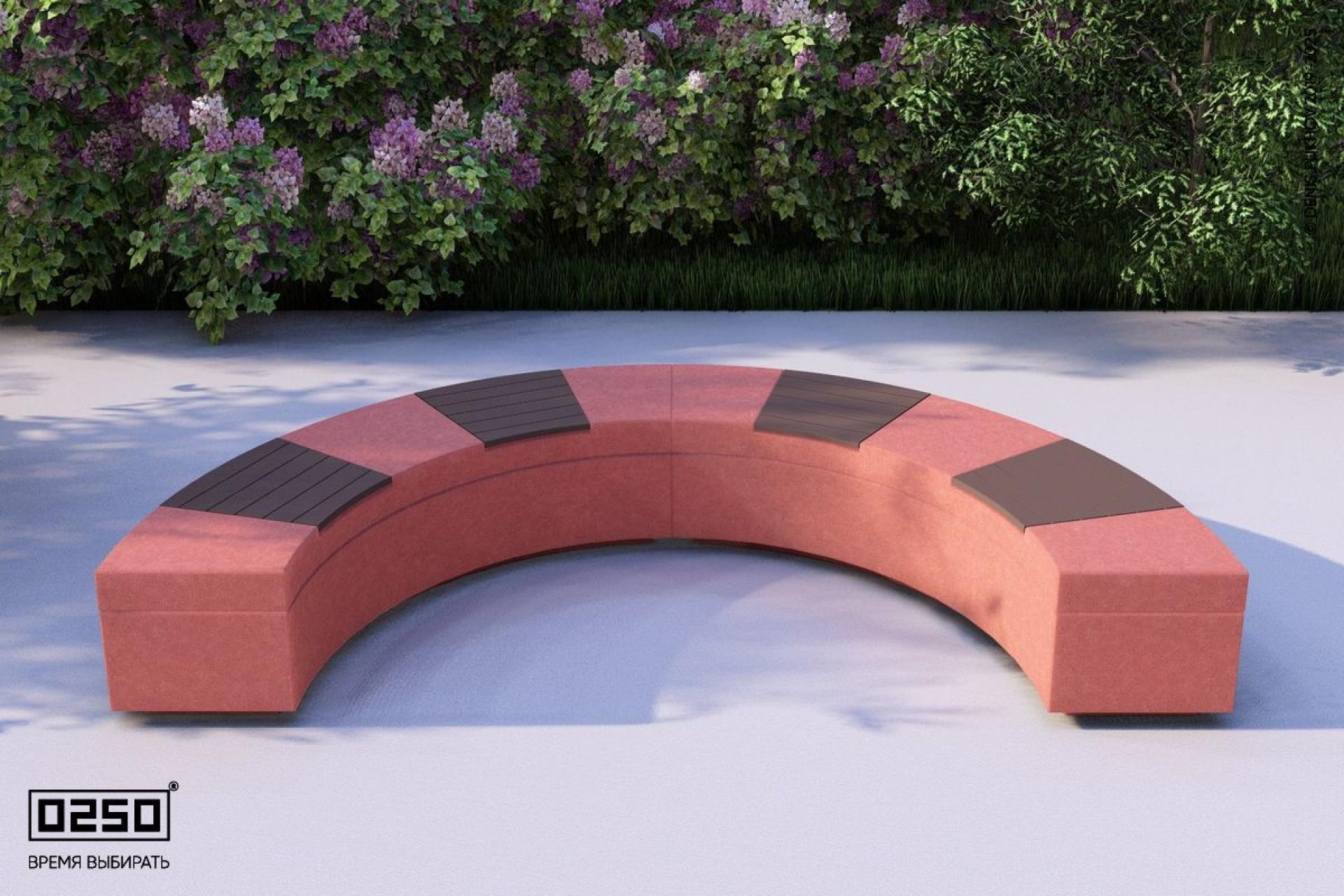 Визуализация: Модульная полукольцевая скамейка малого радиуса на блоке из ультрабетона красного цвета