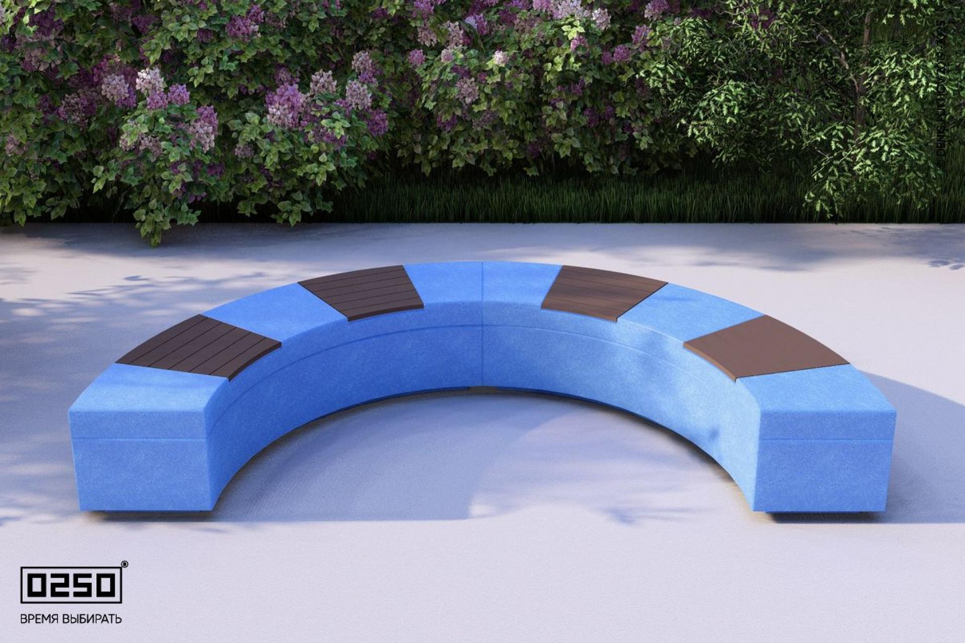 Визуализация: Модульная полукольцевая скамейка малого радиуса на блоке из ультрабетона голубого цвета