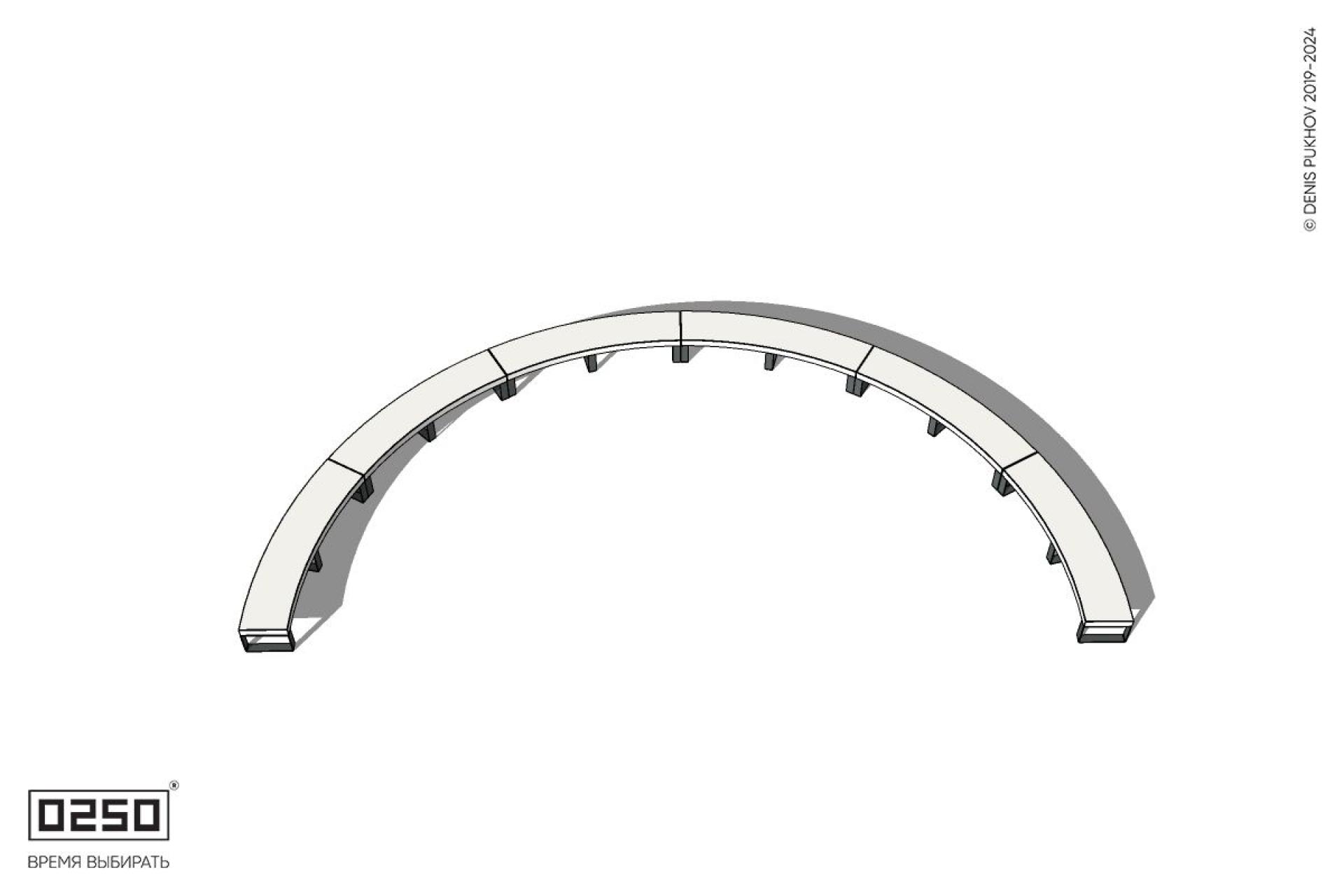 Уличная Бетонная полукольцевая скамейка шестипролетная большого радиуса на ножках производство 0250