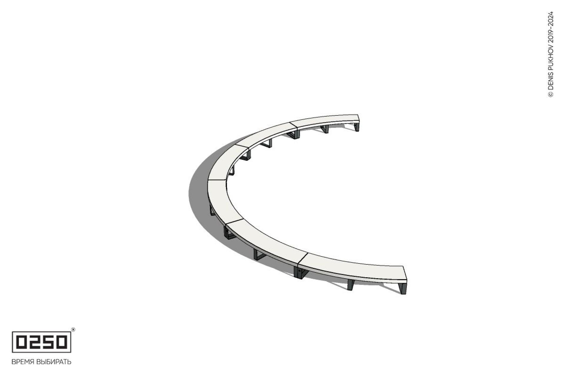 Уличная Бетонная полукольцевая скамейка шестипролетная большого радиуса на ножках производство 0250