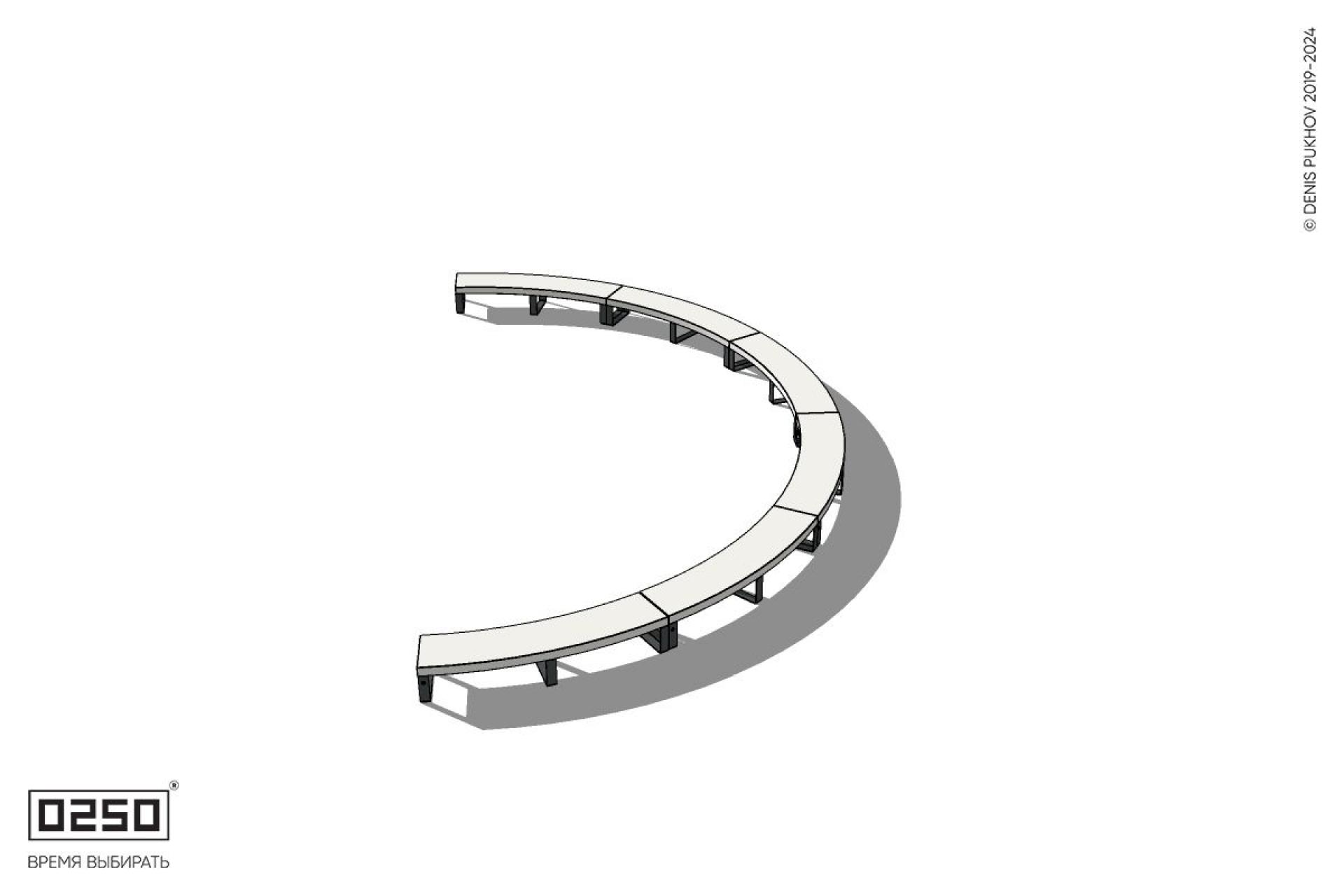 Уличная Бетонная полукольцевая скамейка шестипролетная большого радиуса на ножках производство 0250