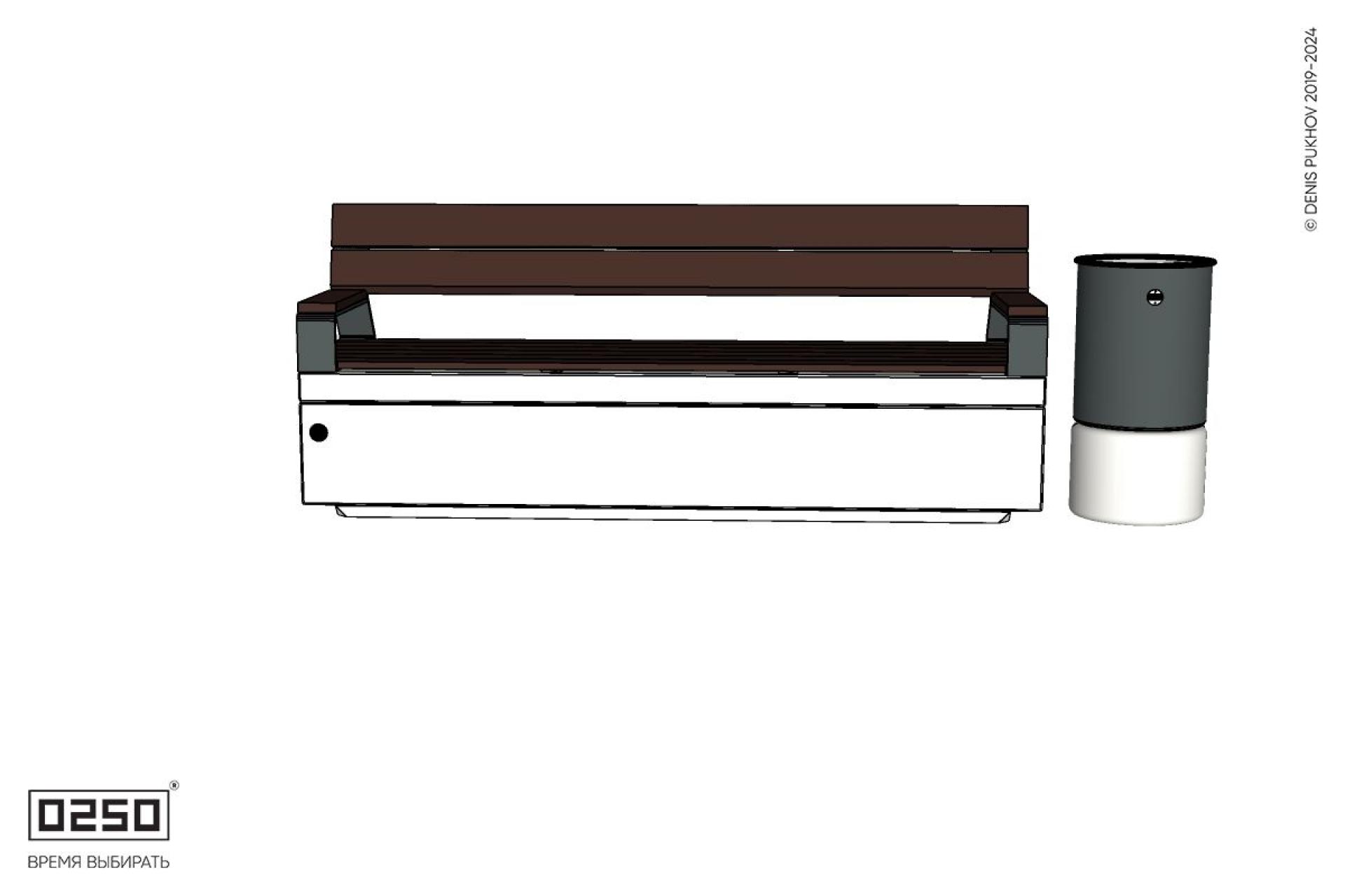 Уличная Скамейка прямая со спинкой и подлокотниками на блоке с урной Урбан 2 производство 0250