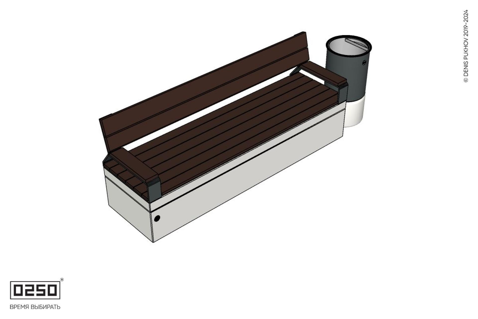 Уличная Скамейка прямая со спинкой и подлокотниками на блоке с урной Урбан 2 производство 0250, modul+