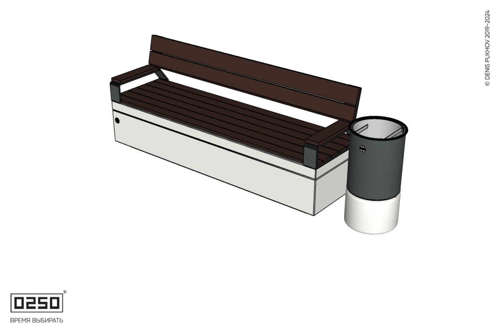 Уличная Скамейка прямая со спинкой и подлокотниками на блоке с урной Урбан 2 производство 0250