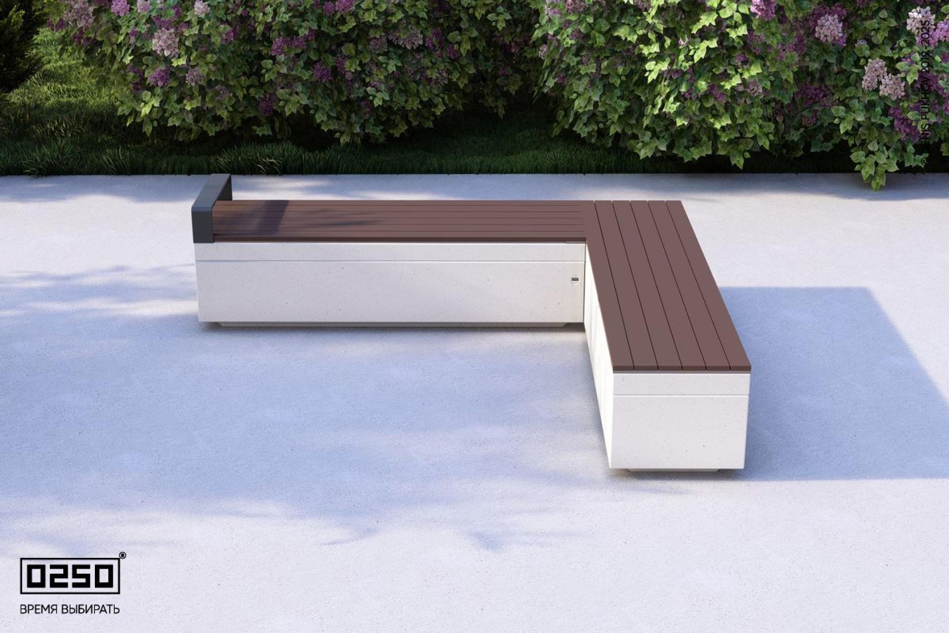 "Белый кварц" - цвета ультрабетона прямоугольной скамейки на блоке с одним подлокотником. Визуализация: Модульная прямоугольная скамейка с одним подлокотником на блоке из ультрабетона белого цвета