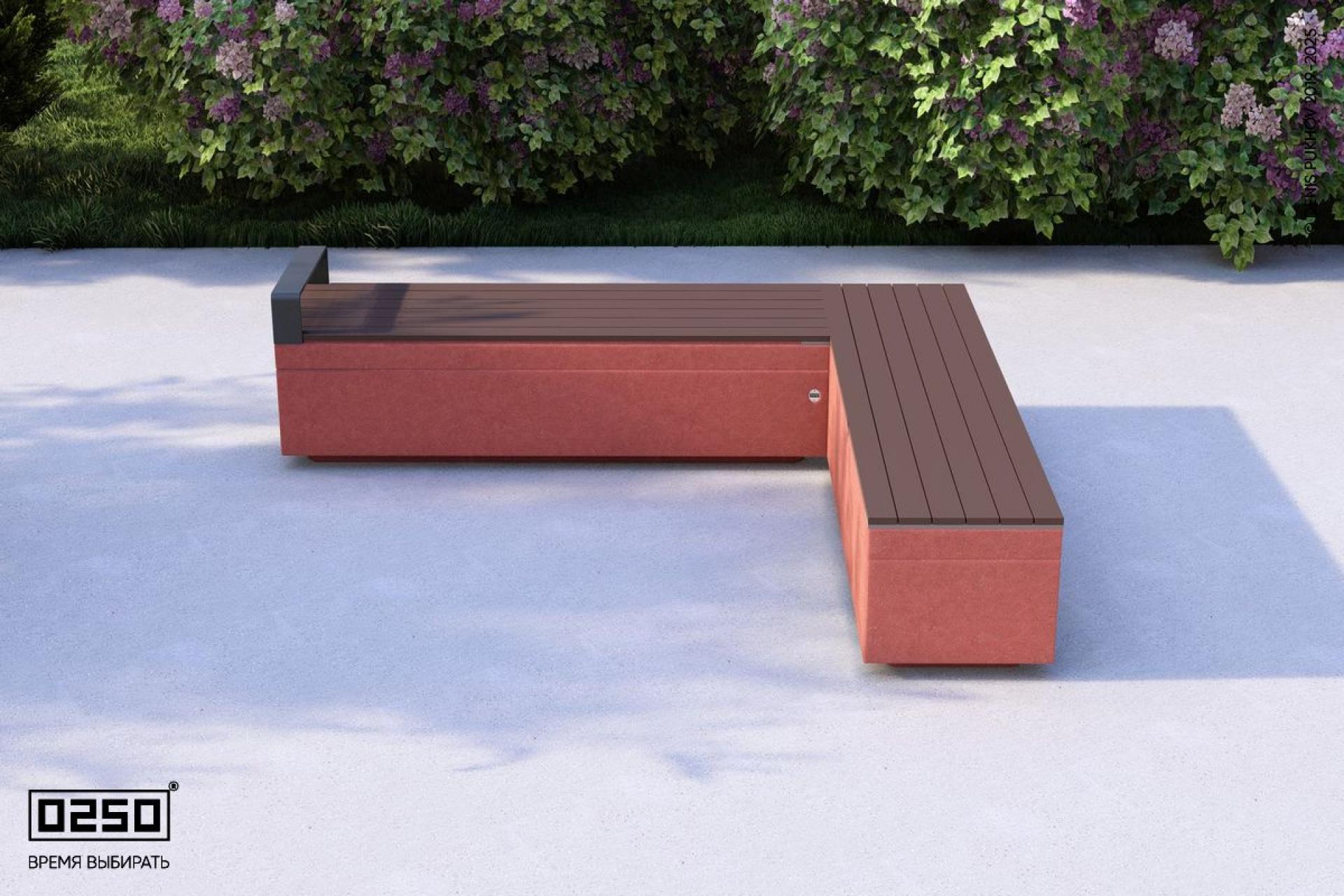 "Красный марс" - цвета ультрабетона прямоугольной скамейки на блоке с одним подлокотником. Визуализация: Модульная квадратная скамейка усеченная на блоке из ультрабетона красного цвета