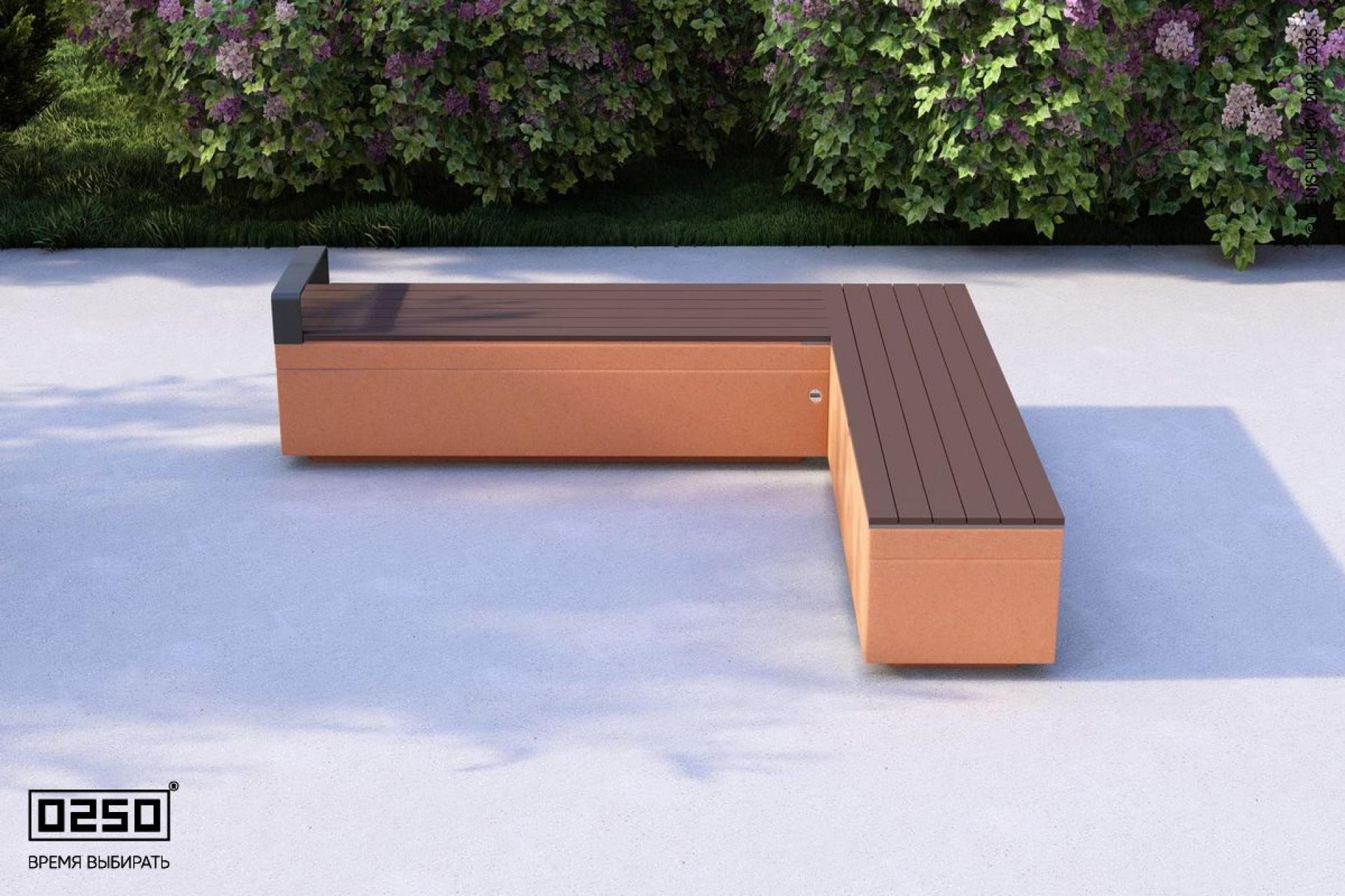 "Рыжий кортен" - цвета ультрабетона прямоугольной скамейки на блоке с одним подлокотником. Визуализация: Модульная квадратная скамейка усеченная на блоке из ультрабетона оранжевого цвета