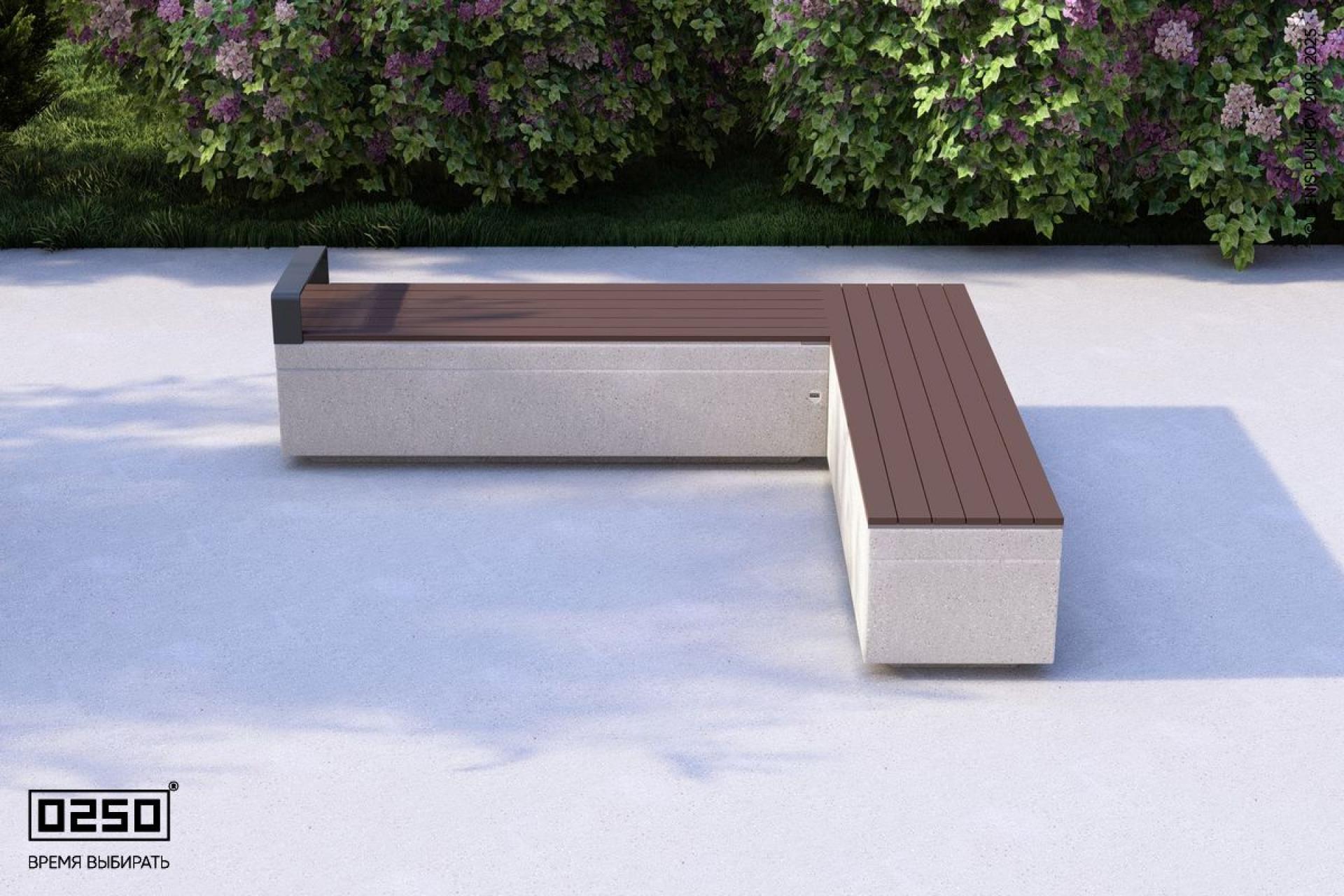"Серый графит" - цвета ультрабетона прямоугольной скамейки на блоке с одним подлокотником. Визуализация: Модульная квадратная скамейка усеченная на блоке из ультрабетона серого цвета