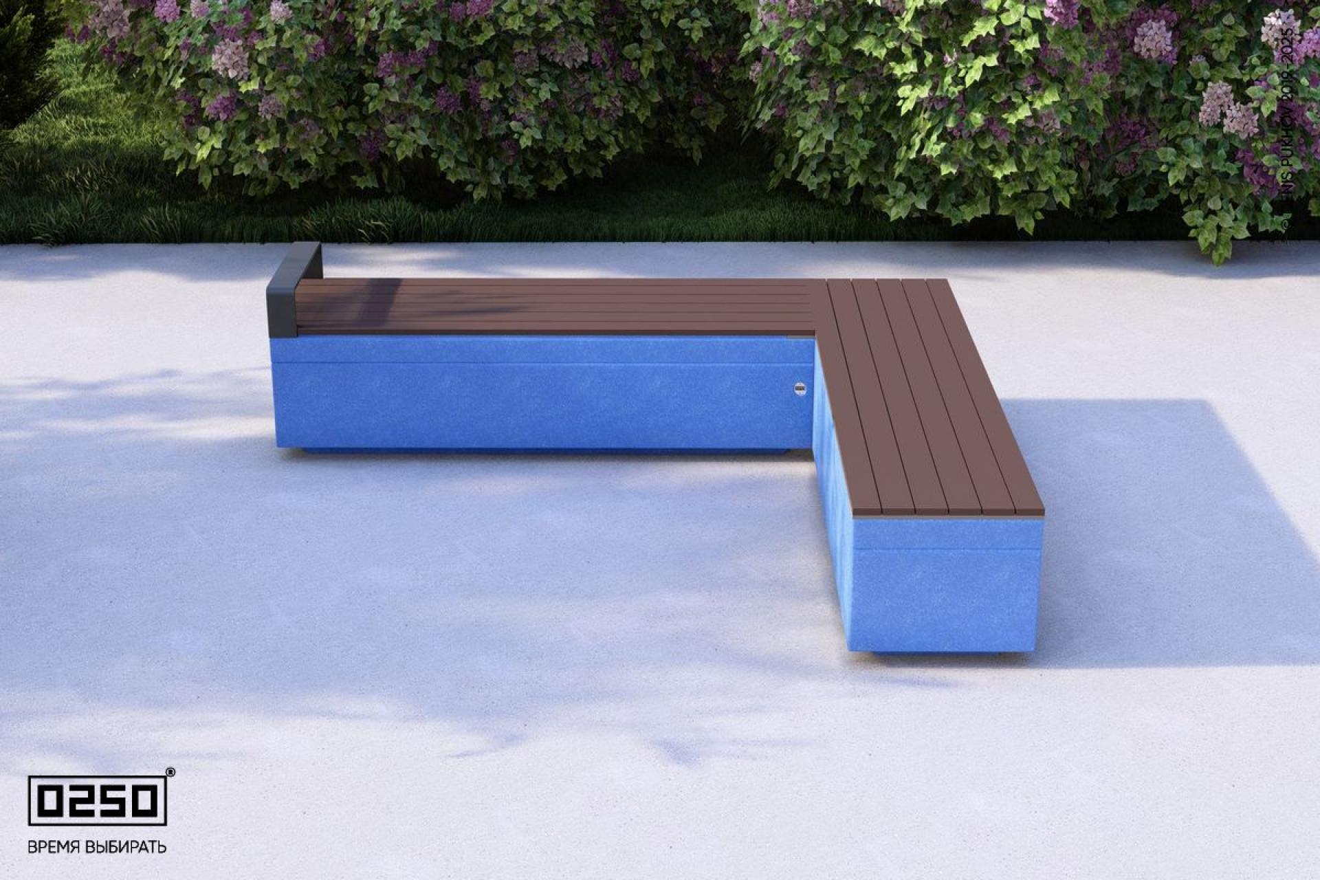 "Небесный лазули" - цвета ультрабетона прямоугольной скамейки на блоке с одним подлокотником. Визуализация: Модульная квадратная скамейка усеченная на блоке из ультрабетона голубого цвета