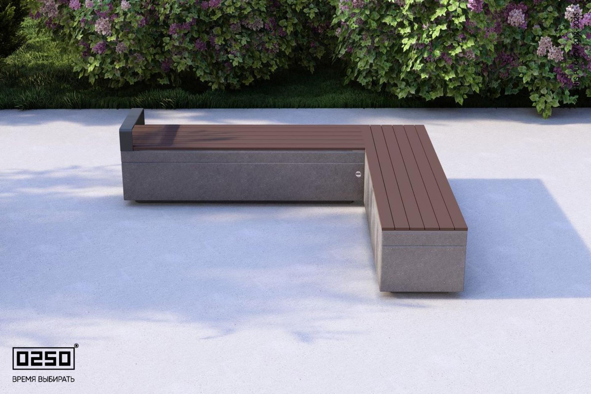 "Лунный кратер" - цвета ультрабетона прямоугольной скамейки на блоке с одним подлокотником.  Визуализация: Модульная квадратная скамейка усеченная на блоке из ультрабетона черного цвета