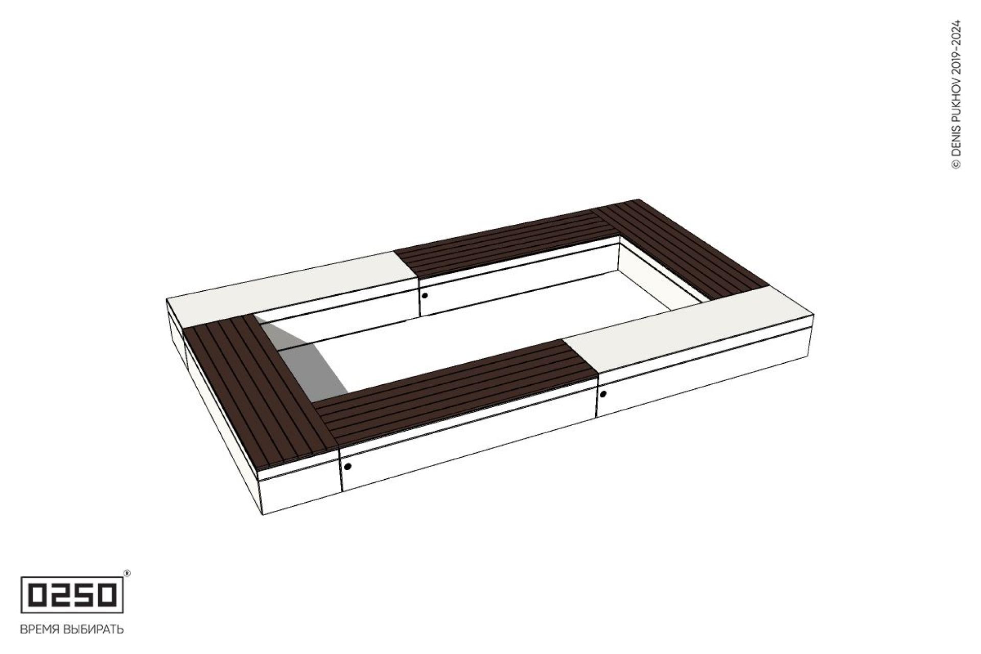 Уличная Четырехугольная скамейка двухпролетная с комбинированным настилом  на блоке производство 0250