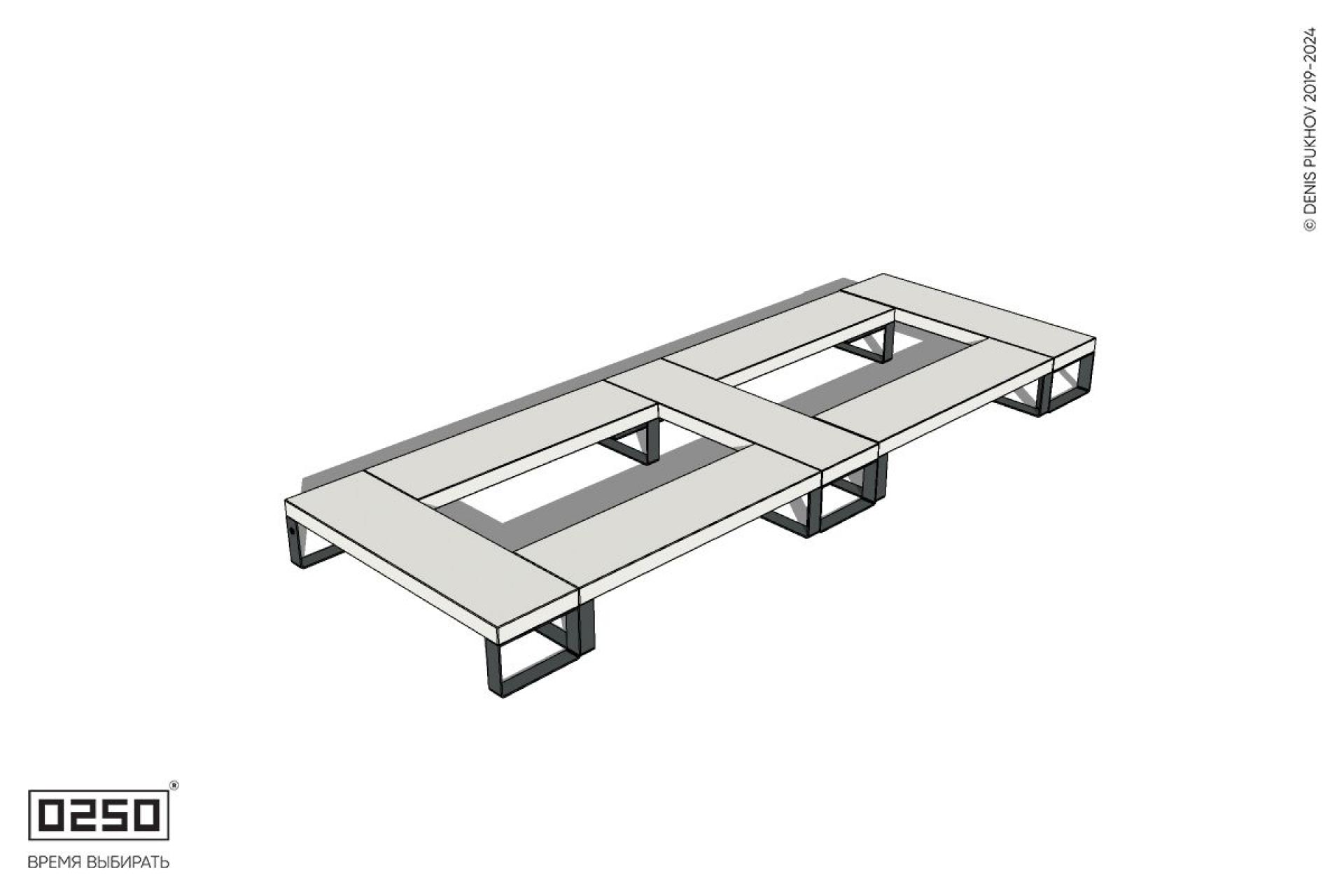 Уличная Бетонная четырехугольная скамейка двухпролетная ячеистая на ножках производство 0250