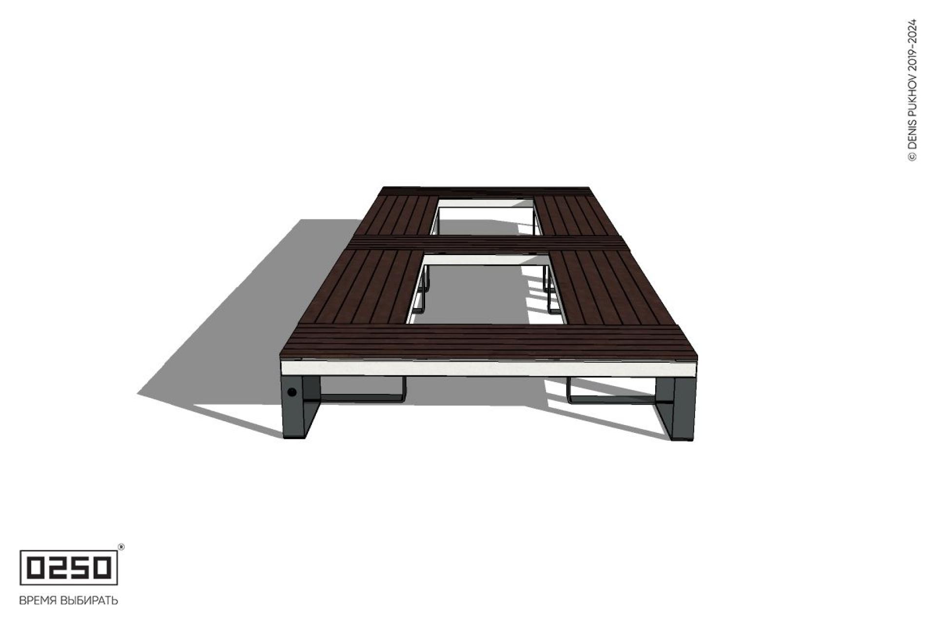 Уличная Четырехугольная скамейка двухпролетная ячеистая на ножках производство 0250 Уличная Четырехугольная скамейка двухпролетная ячеистая на ножках производство 0250