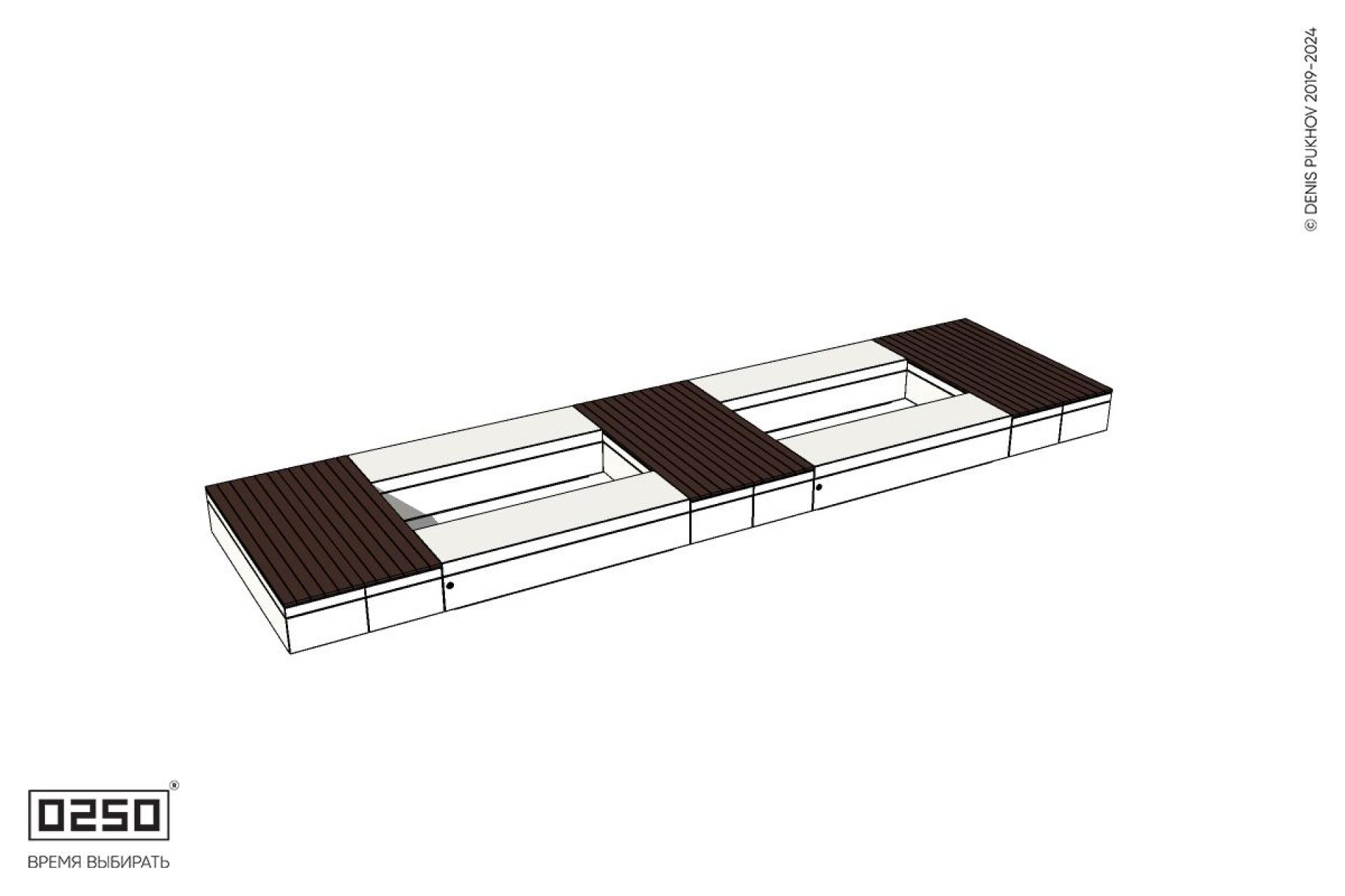 Уличная Четырехугольная двухпролетная ячеистая скамейка с двухрядной шириной и комбинированным настилом на блоке производство 0250 Уличная Четырехугольная двухпролетная ячеистая скамейка с двухрядной шириной и комбинированным настилом на блоке производство 0250