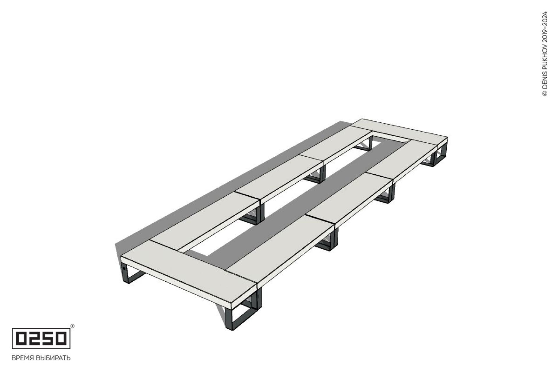 Уличная Бетонная скамейка  четырехугольная трехпролетная на ножках производство 0250