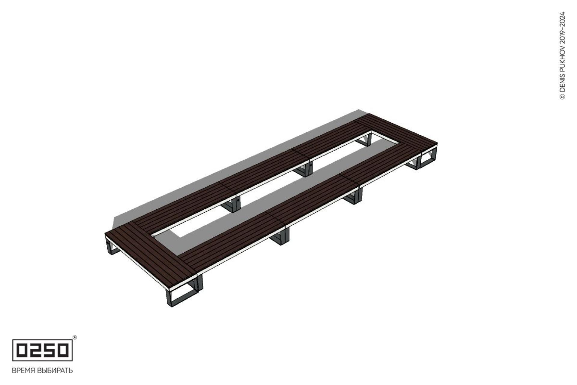 Уличная Четырехугольная скамейка трехпролетная на ножках производство 0250 Уличная Четырехугольная скамейка трехпролетная на ножках производство 0250