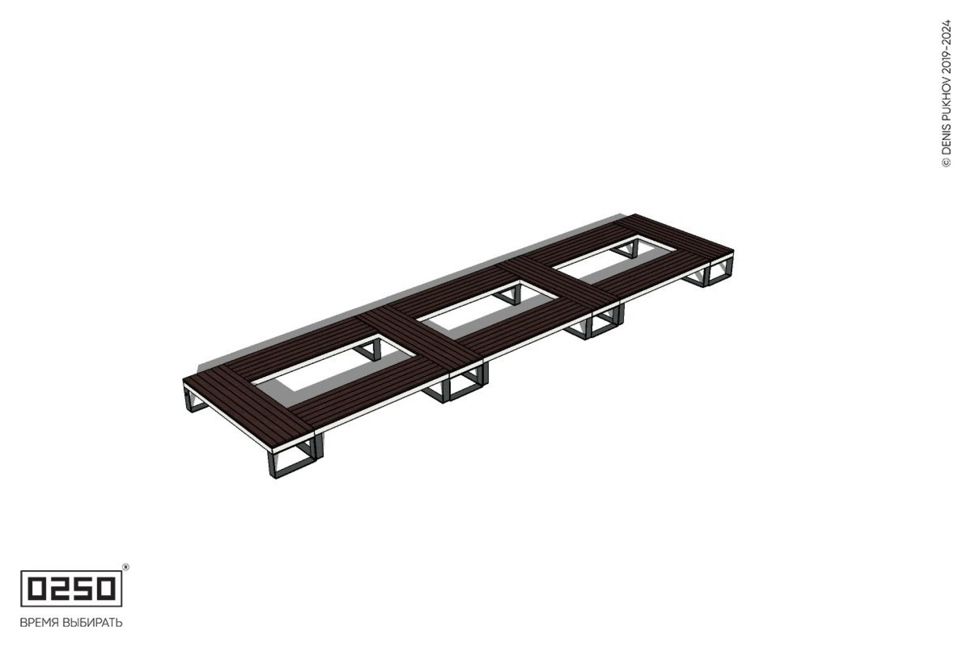 Уличная Четырехугольная скамейка трехпролетная ячеистая на ножках производство 0250