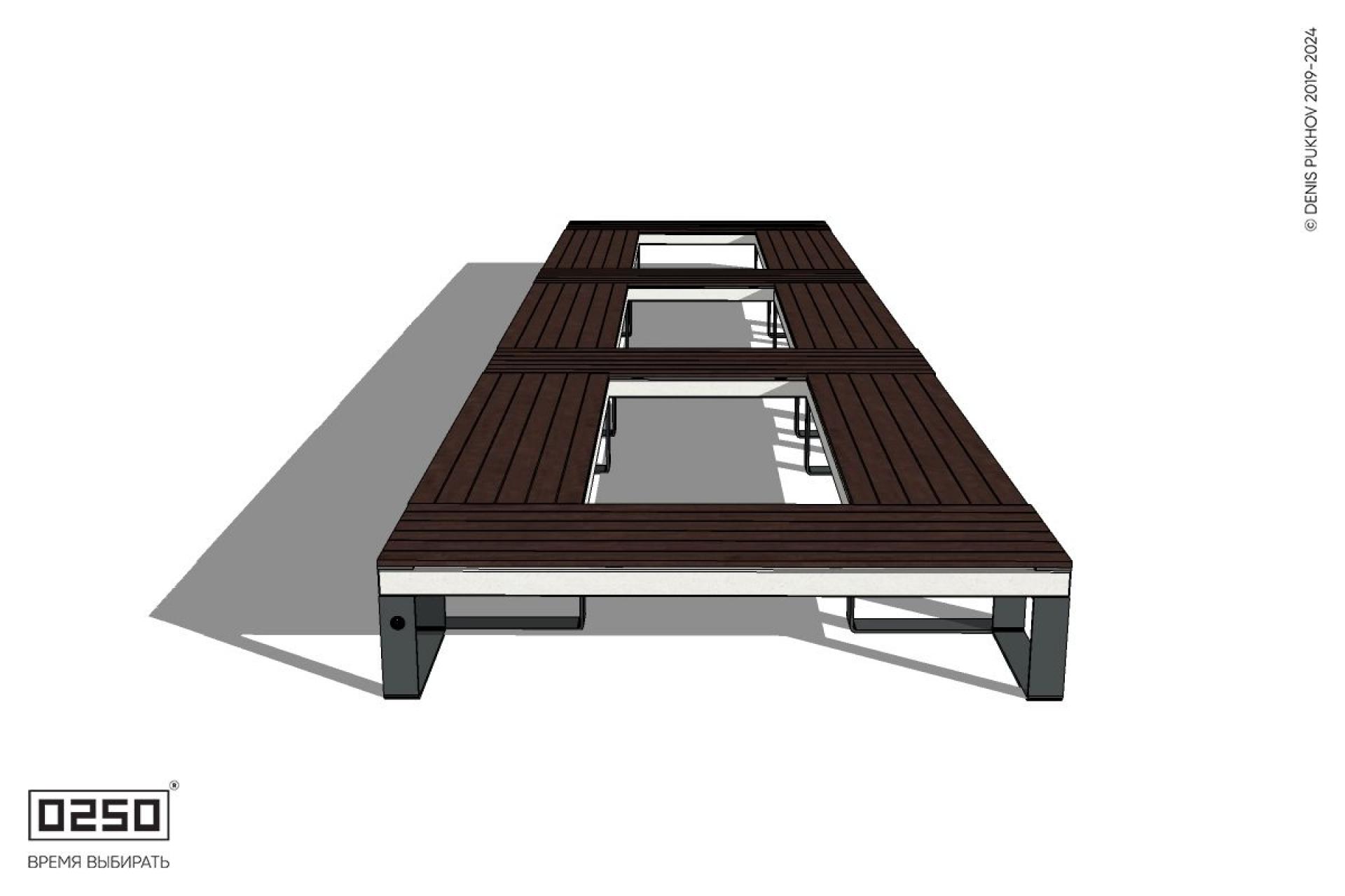 Уличная Четырехугольная скамейка трехпролетная ячеистая на ножках производство 0250
