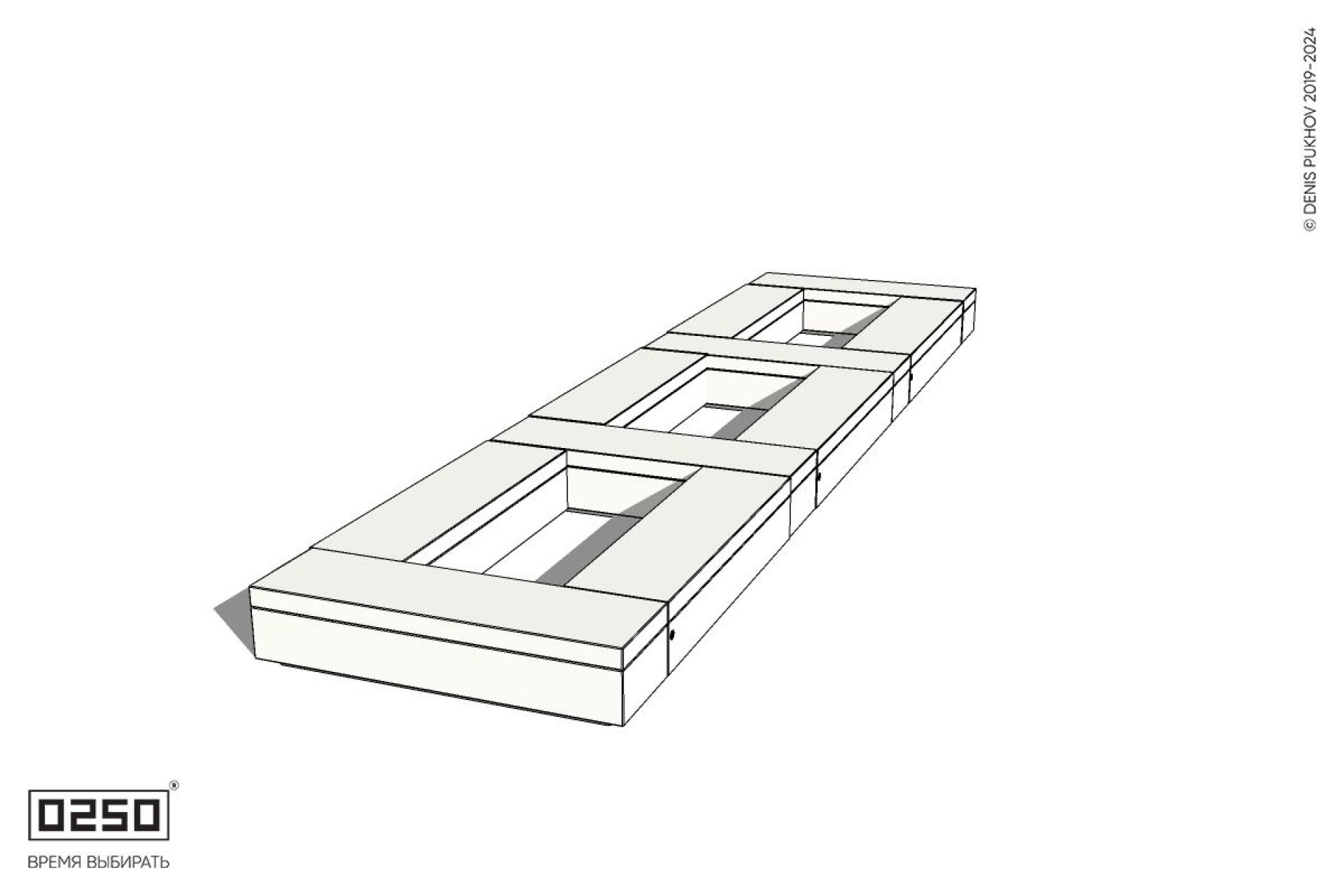 Уличная Бетонная четырехугольная скамейка трехпролетная ячеистая на блоке производство 0250