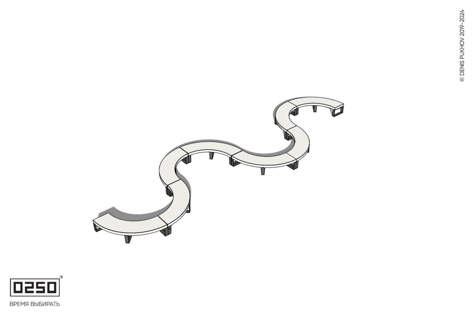 Уличная Бетонная S-образная волнообразная двойная скамейка на ножках производство 0250 Уличная Бетонная S-образная волнообразная двойная скамейка на ножках производство 0250