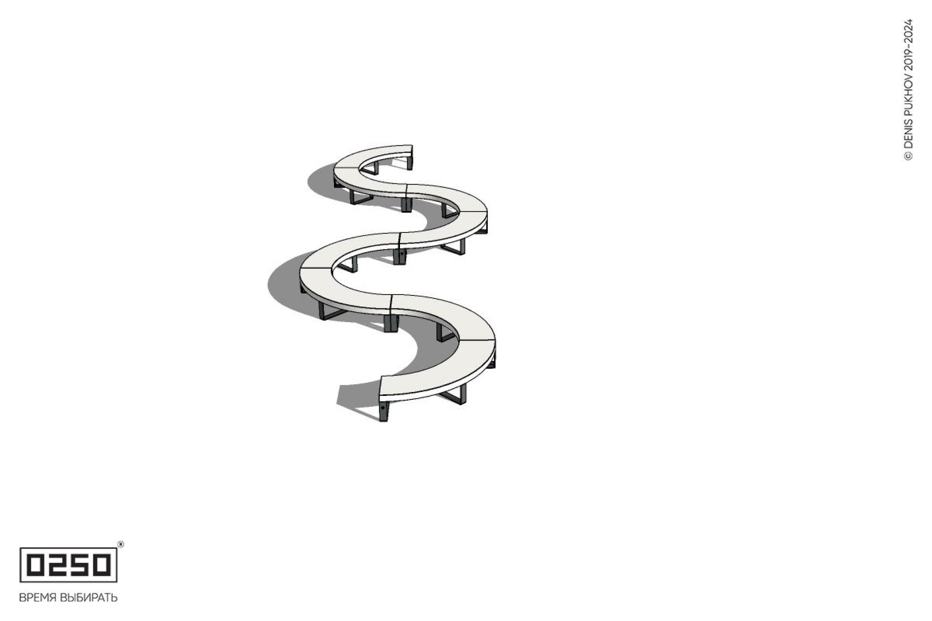 Уличная Бетонная S-образная волнообразная двойная скамейка на ножках производство 0250 Уличная Бетонная S-образная волнообразная двойная скамейка на ножках производство 0250