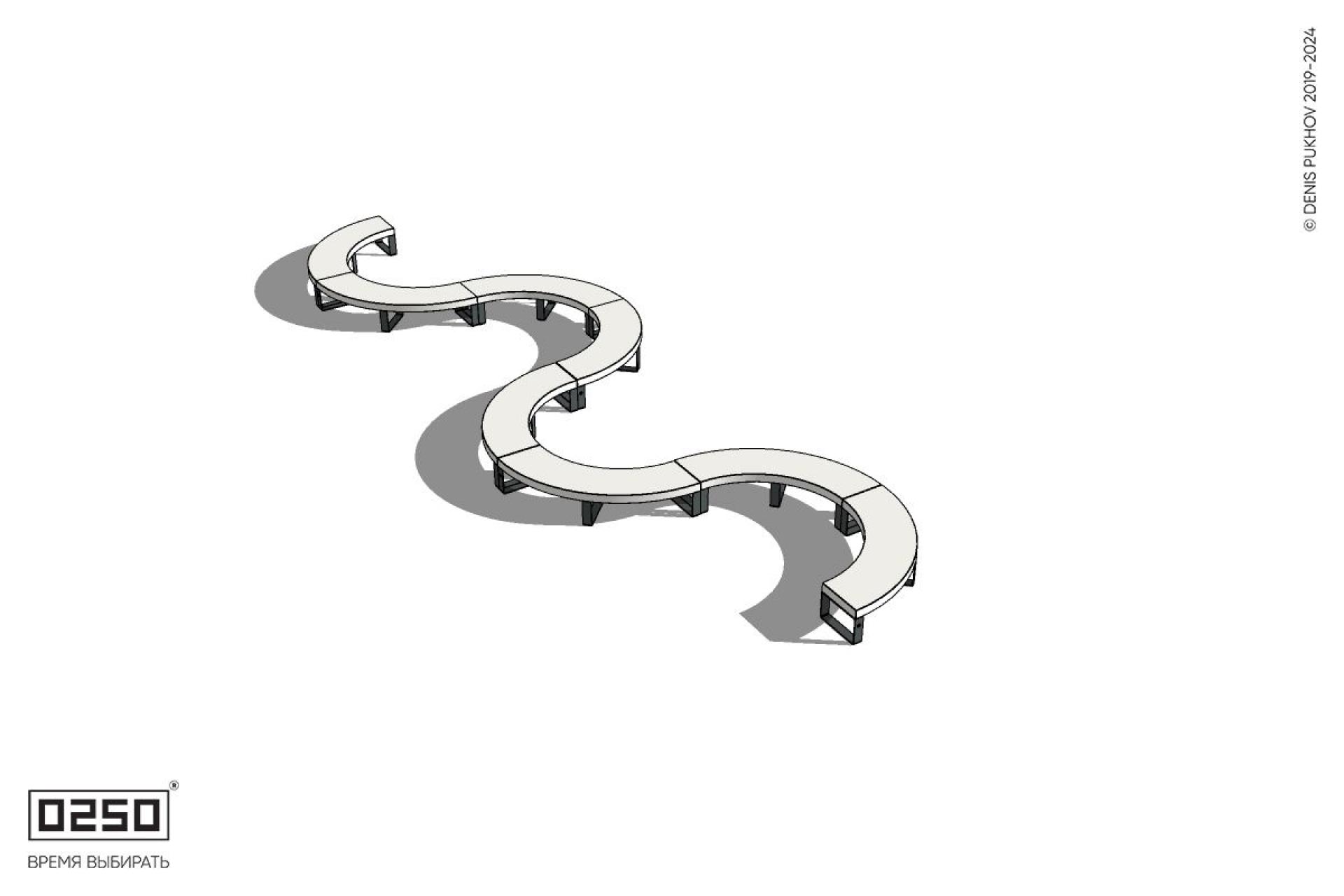 Уличная Бетонная S-образная волнообразная двойная скамейка на ножках производство 0250 Уличная Бетонная S-образная волнообразная двойная скамейка на ножках производство 0250