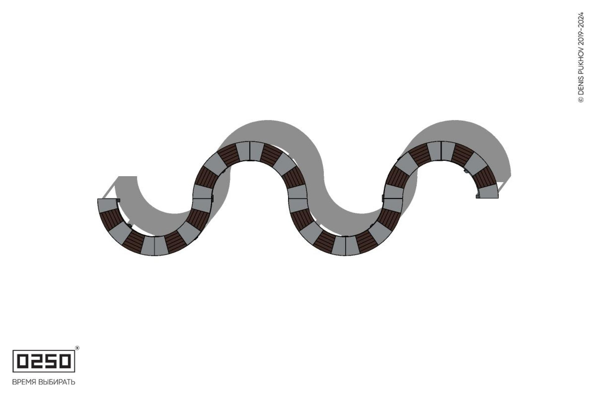 Уличная S-образная волнообразная скамейка двойная на ножках производство 0250, module