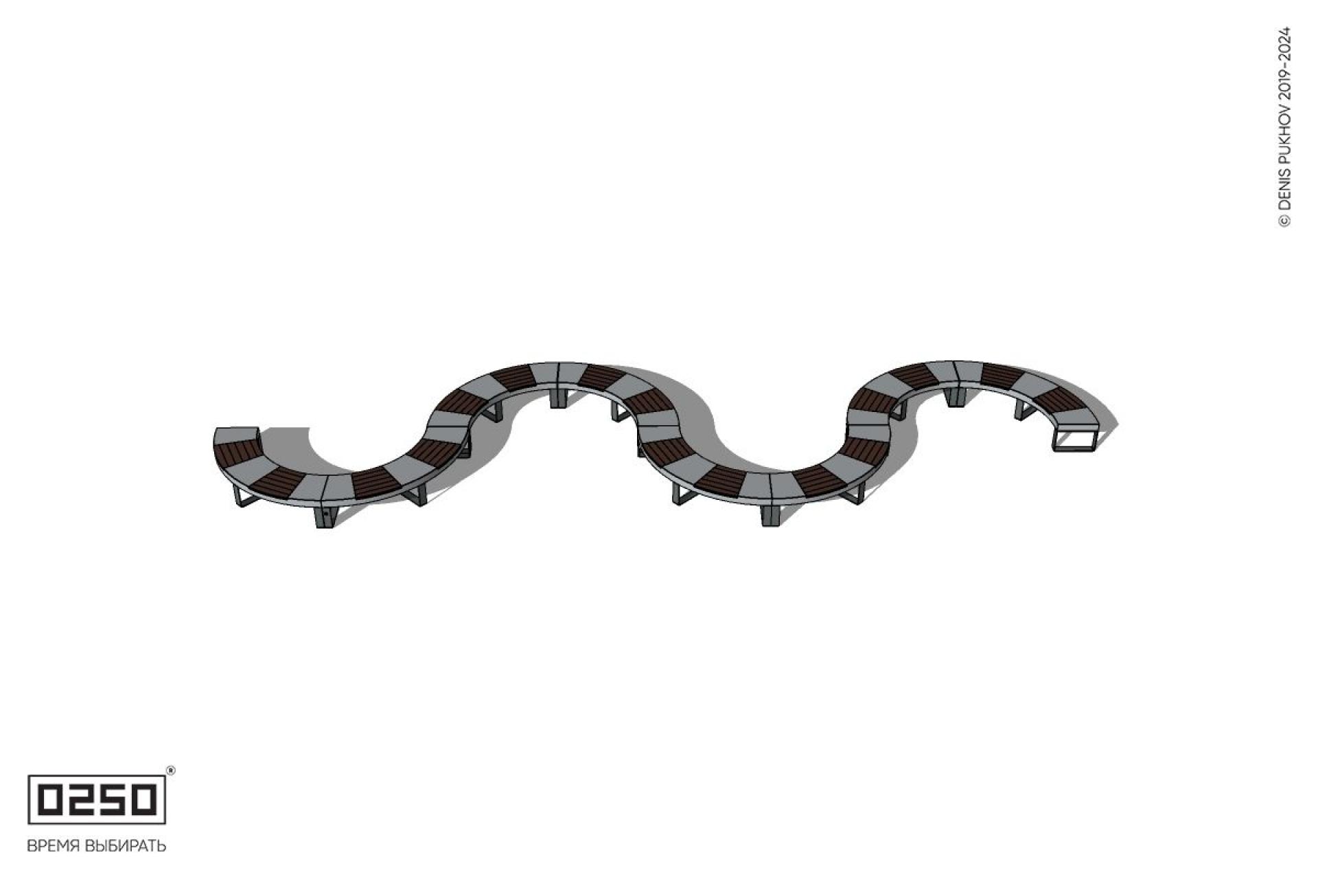 Уличная S-образная волнообразная скамейка двойная на ножках производство 0250