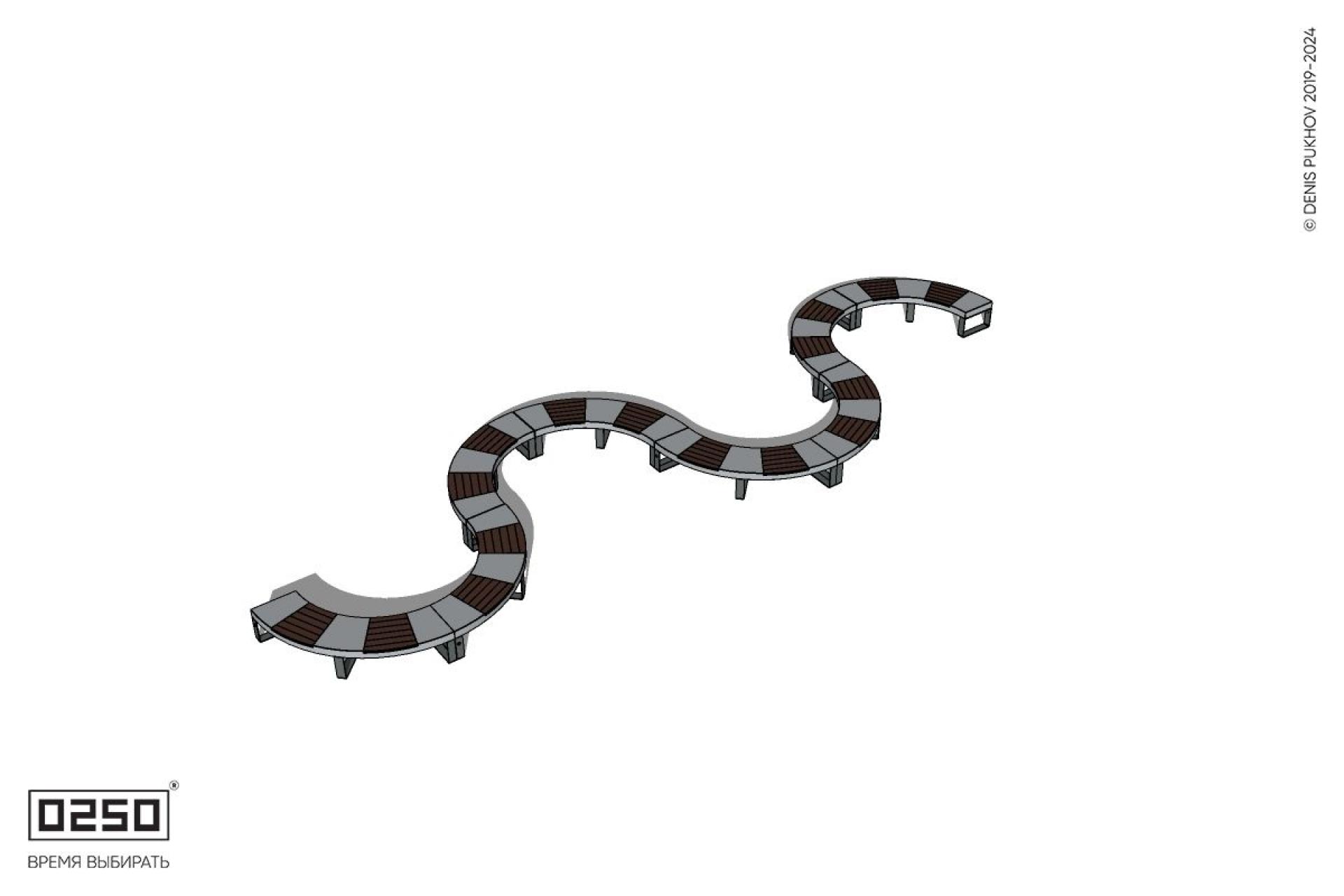 Уличная S-образная волнообразная скамейка двойная на ножках производство 0250