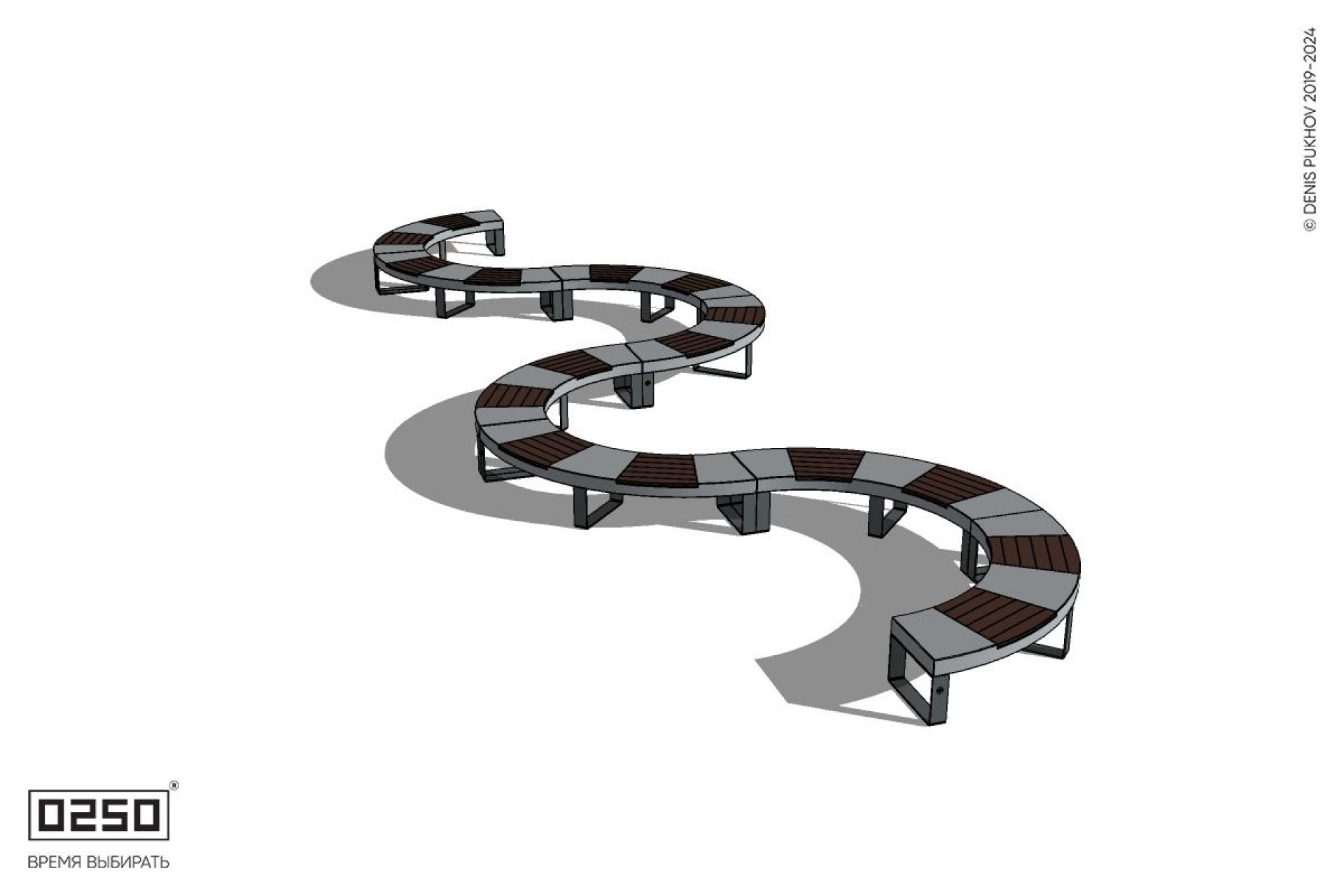 Уличная S-образная волнообразная скамейка двойная на ножках производство 0250