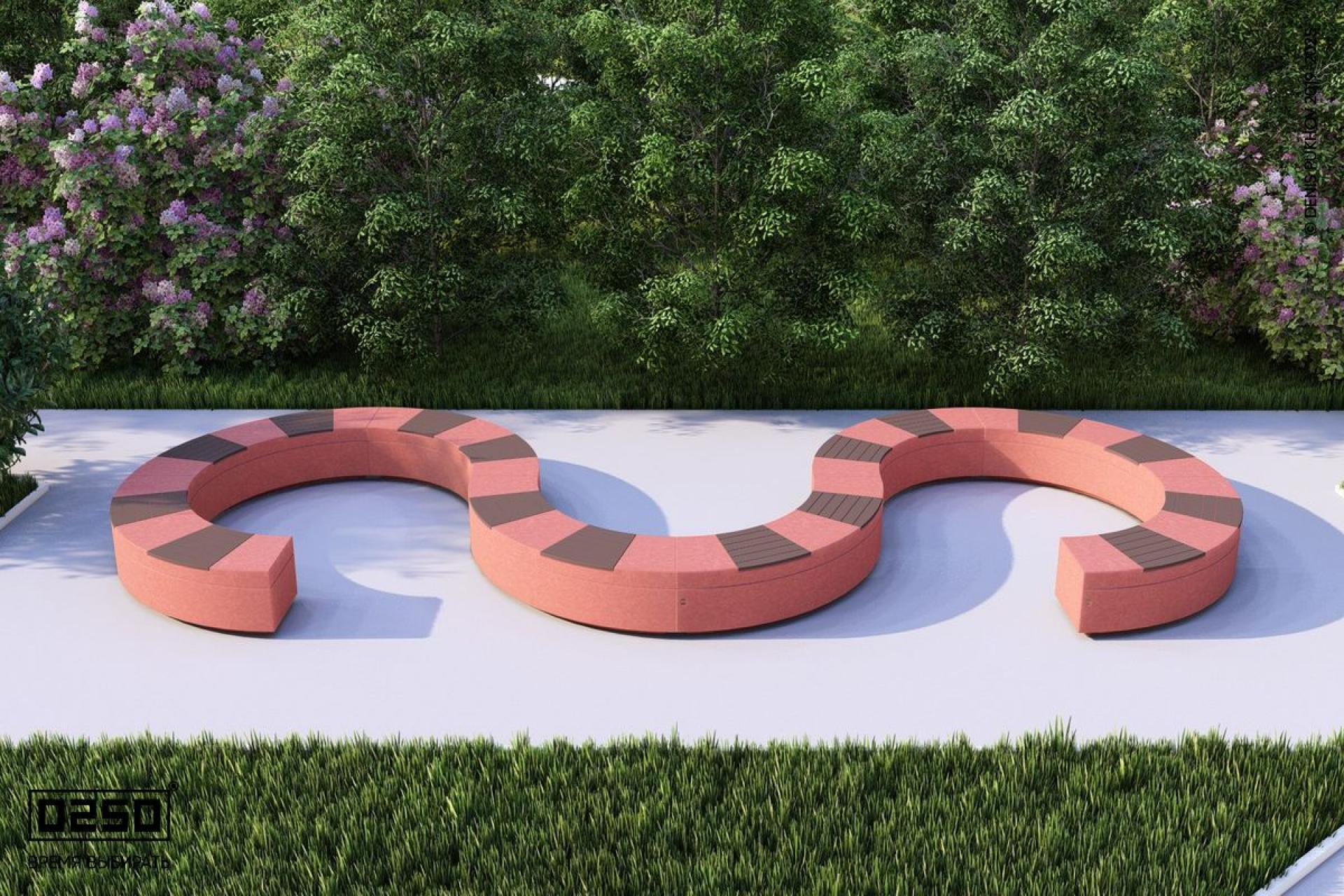 Визуализация модульная w-образная волнообразная закрытая модульная скамейка из нескольких блоков красного цвета