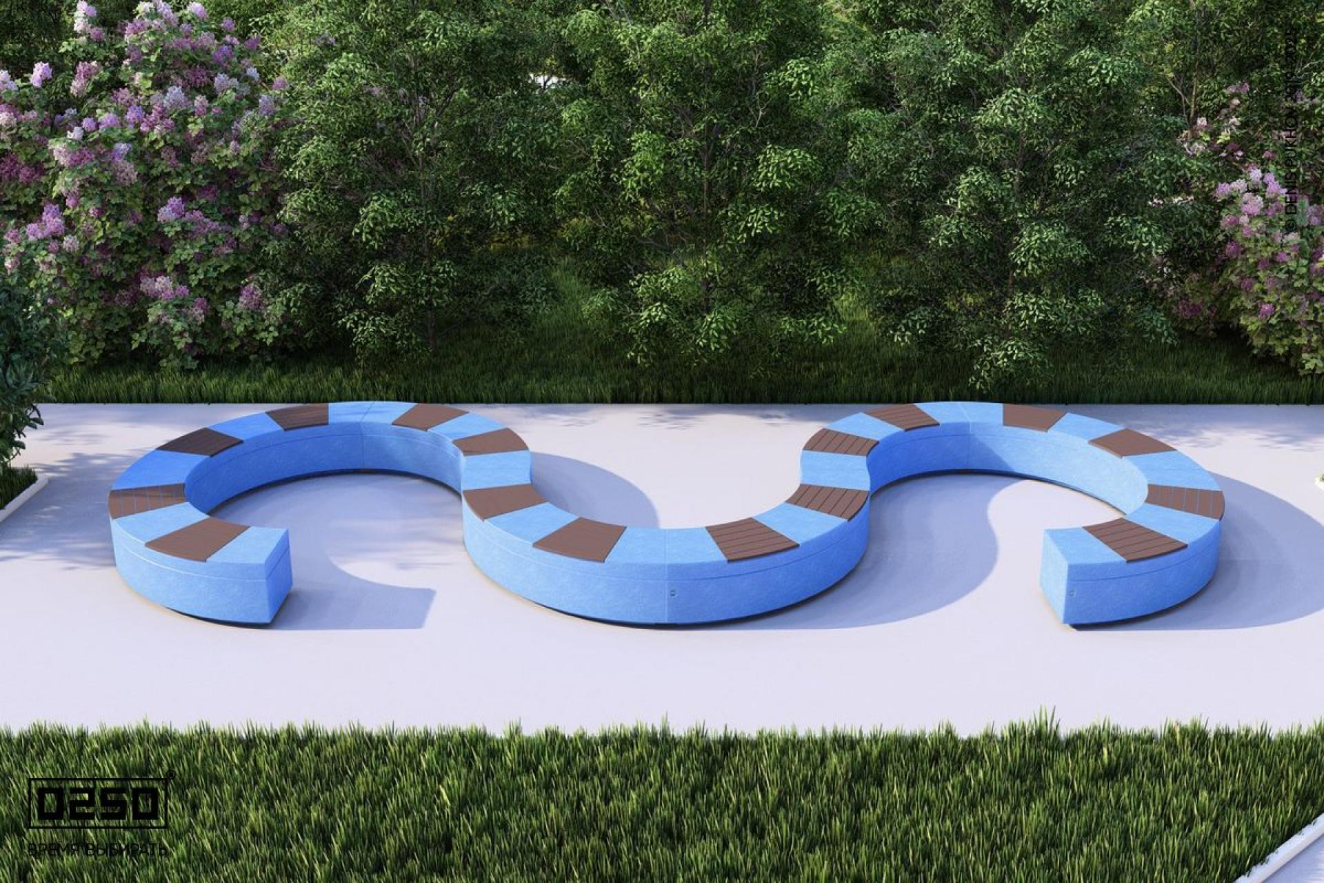 Визуализация модульная w-образная волнообразная закрытая модульная скамейка из нескольких блоков голубого цвета