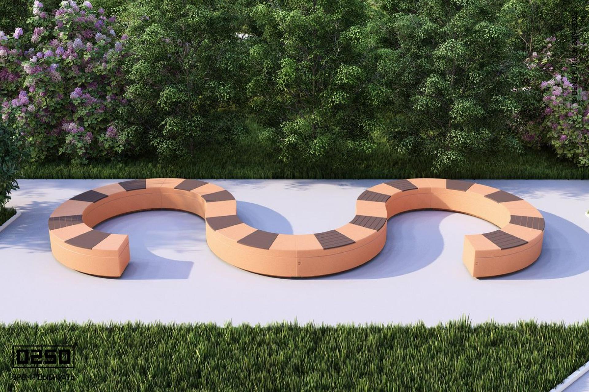 Визуализация модульная w-образная волнообразная закрытая модульная скамейка из нескольких блоков оранжевого цвета