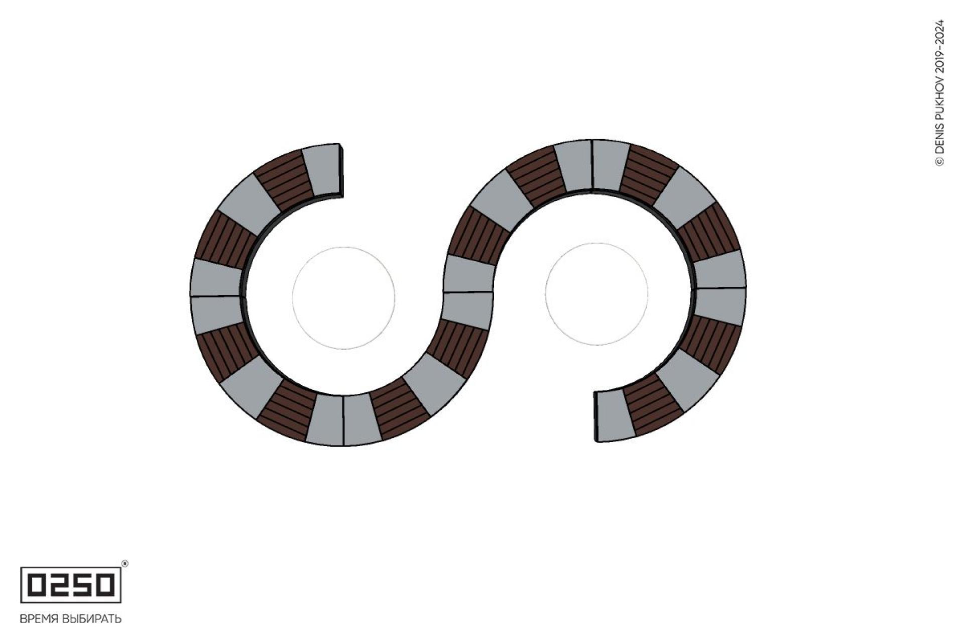 Уличная S-образная волнообразная скамейка на блоке с двумя столами Рондо производство 0250