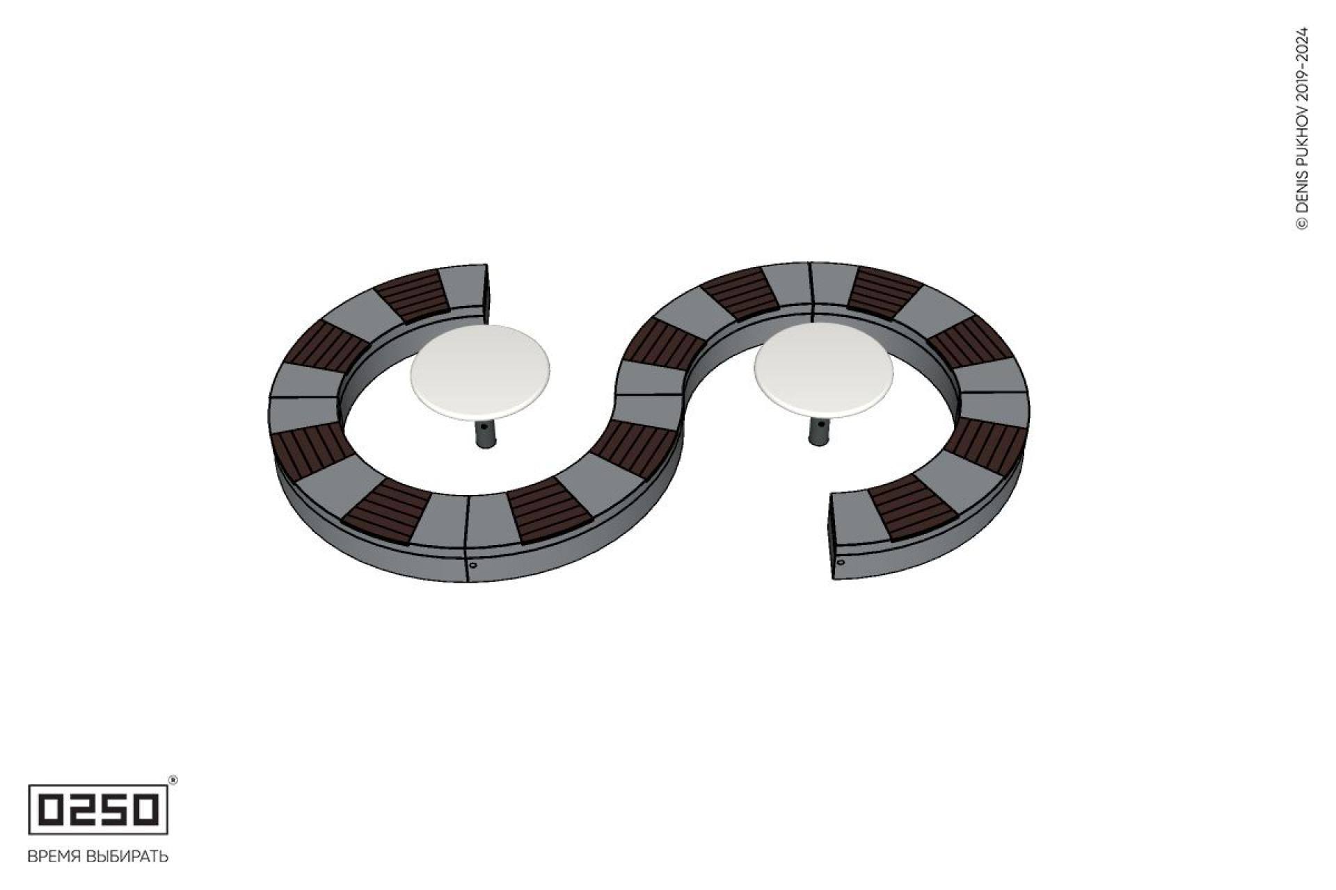 Уличная S-образная волнообразная скамейка на блоке с двумя столами Рондо производство 0250, modul+