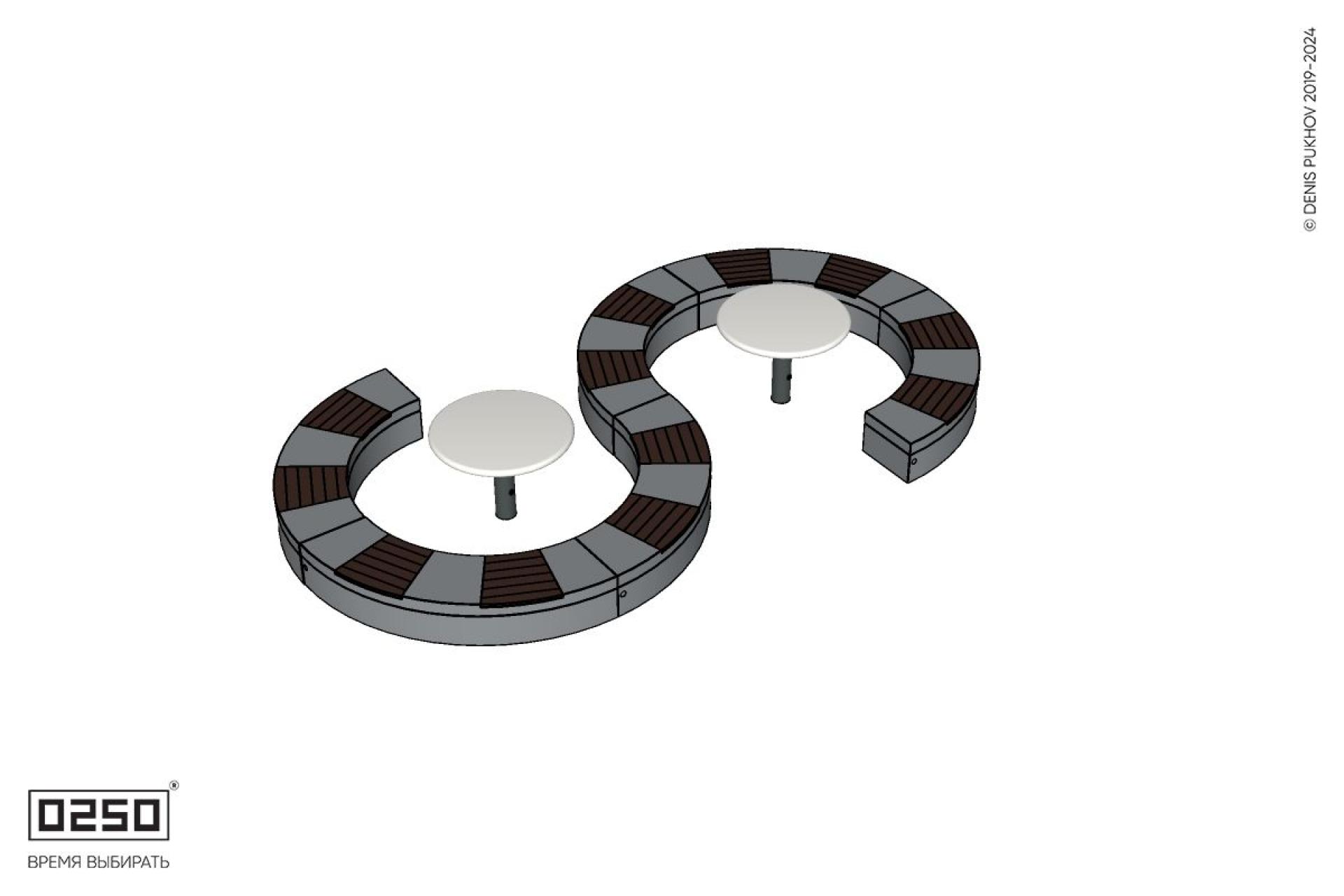 Уличная S-образная волнообразная скамейка на блоке с двумя столами Рондо производство 0250