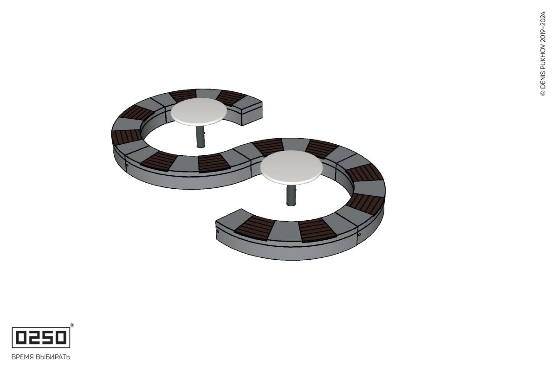 Уличная S-образная волнообразная скамейка на блоке с двумя столами Рондо производство 0250